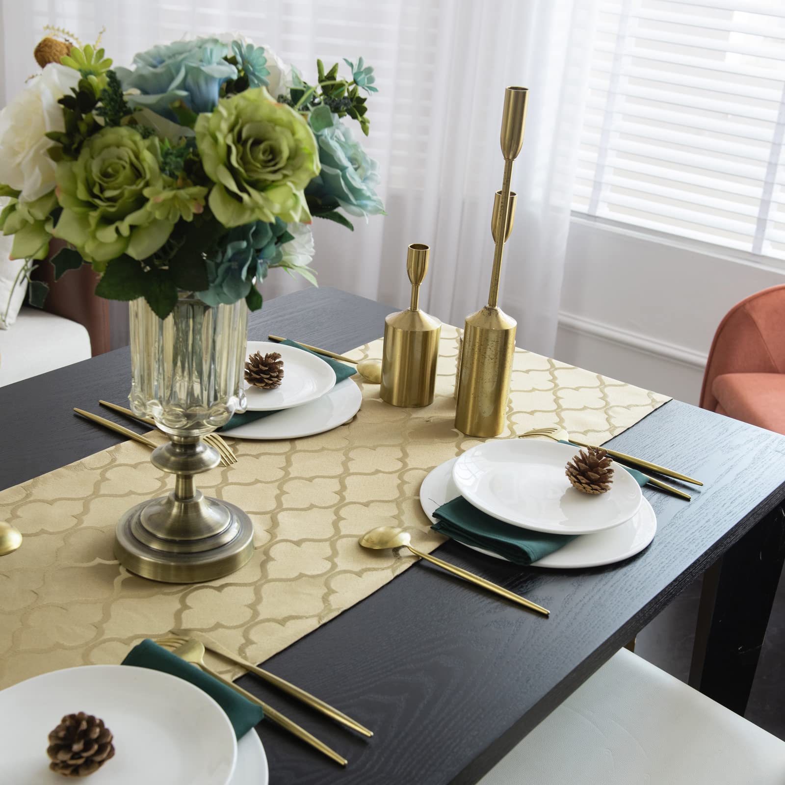 Joyfol Day Jacquard Beige Gold Table Runner,Dresser Scarf,Rectangular Polyester Wrinkle Resistant Damask Table Runners For Kitch