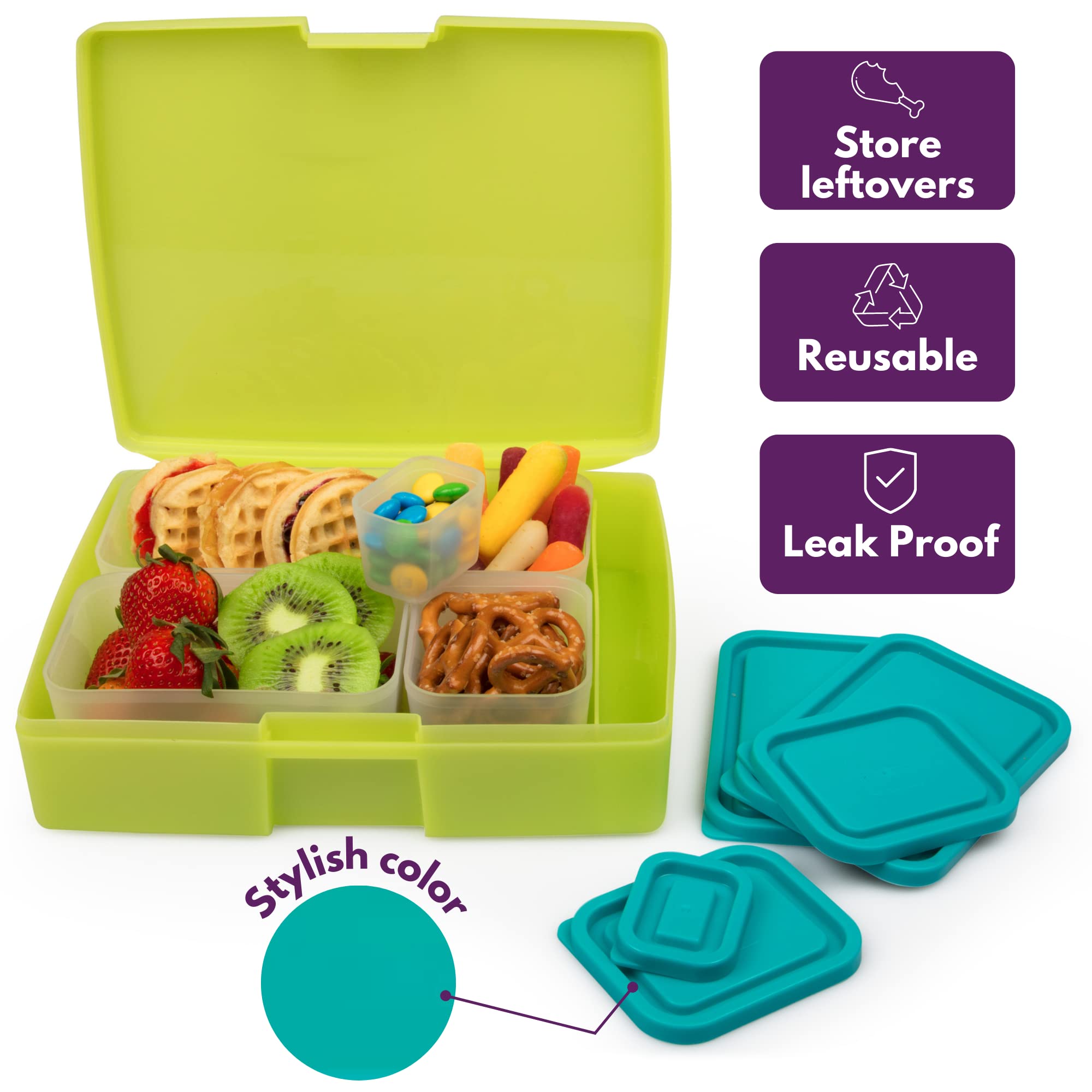 Bentologytm Green Bento Lunch Box Set W 5 Removable Nesting Containers- Adapt Inner Compartment Portion Sizes-Meal Prep Snack Ho