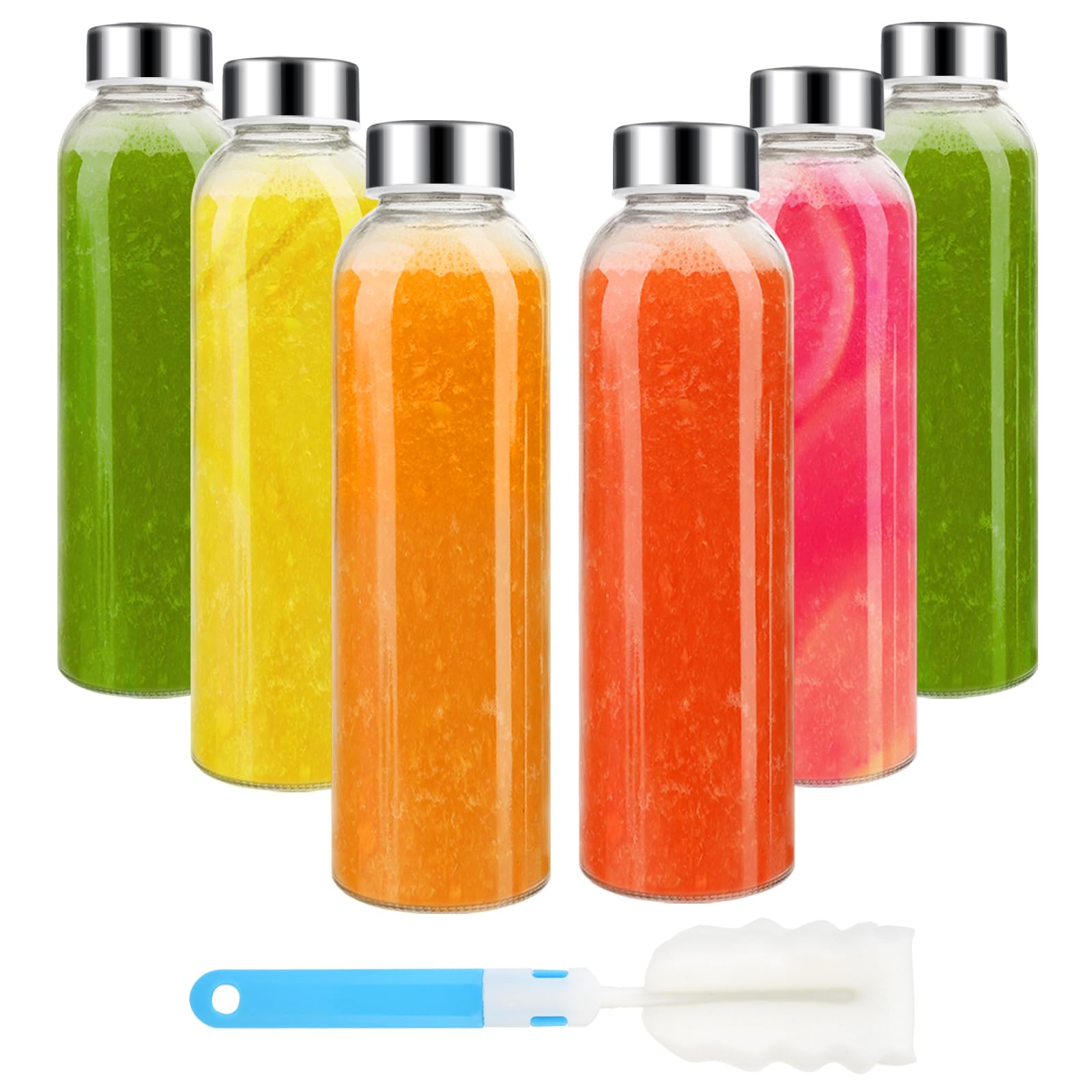 Sursip 18Oz Glass Water Bottle Set Of 6, Clear Glass Juice Bottle For Juicing,Reusable Drinking Bottles With Stainless Steel Lid