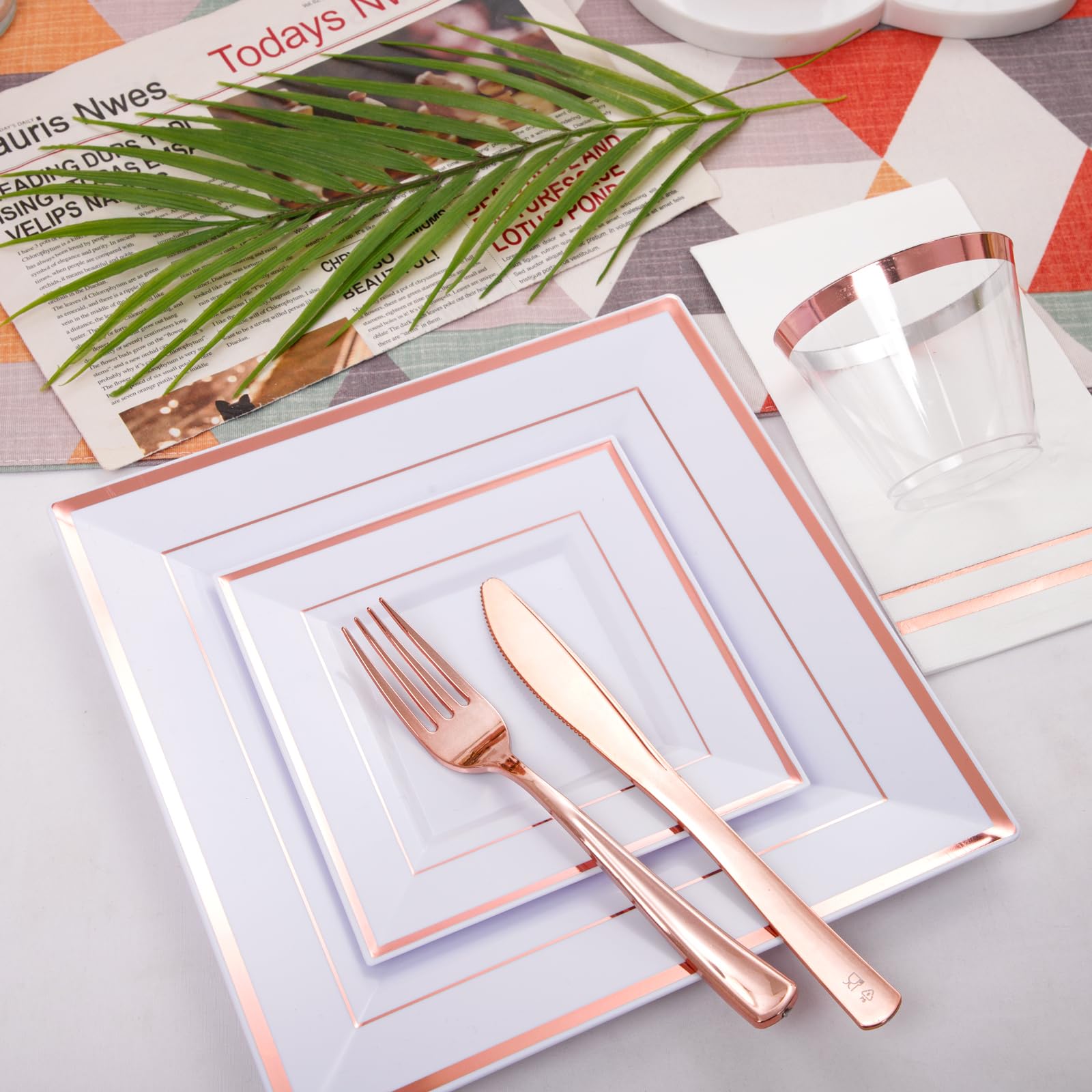 Festiva 350Pcs Rose Gold Plates And Napkins Party Supplies-Square White And Rose Gold Plates Disposable Dinnerware Include Plate
