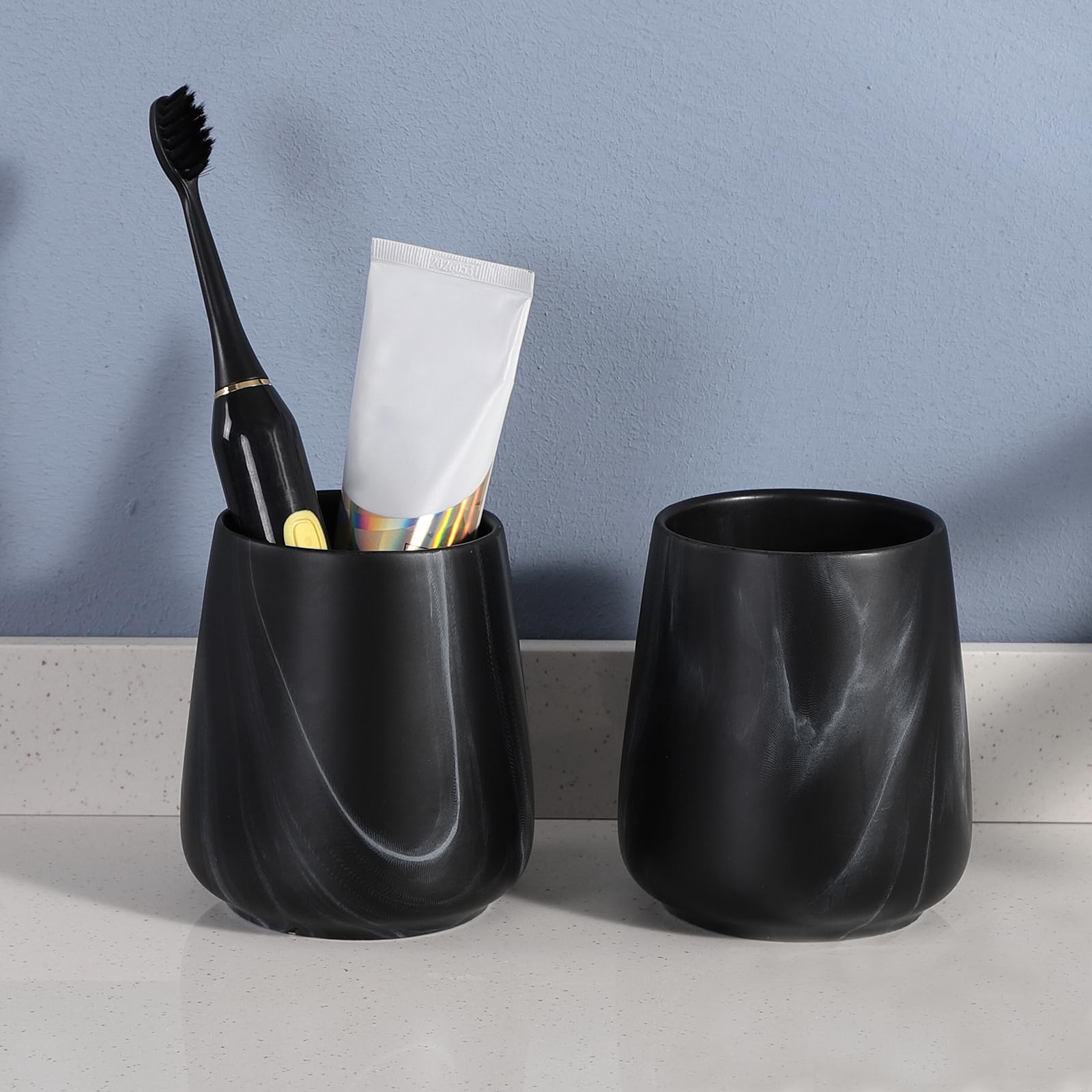 2Pcs Toothbrush Holder For Bathroom - Marble Black Ceramic Tooth Brushing Holders Set, Toothbrush Cup & Toothpaste Organizer For