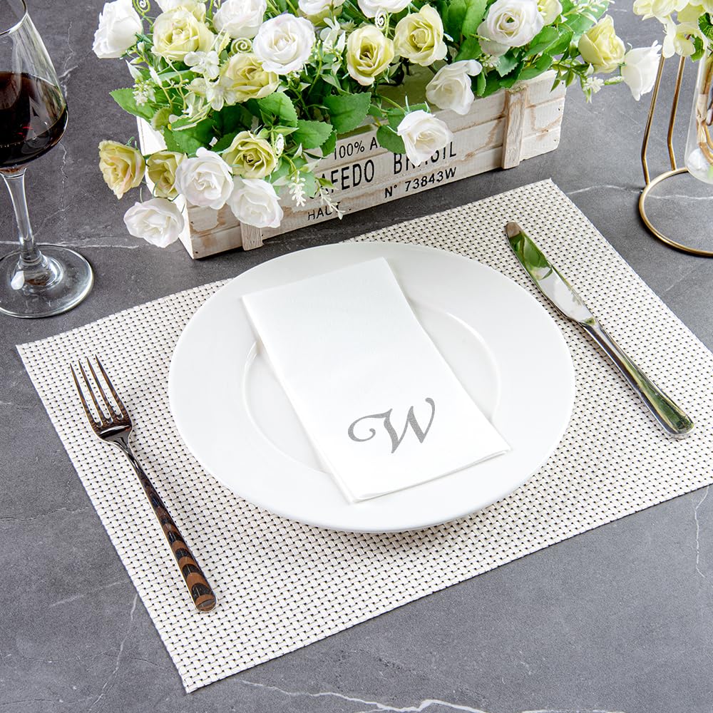 Luxenap 15.8 X 7.9 Inch Linen-Feel Guest Towels, 50 Disposable Striped Hand Towels - Silver Letter 'W', Cursive Font, White Pape