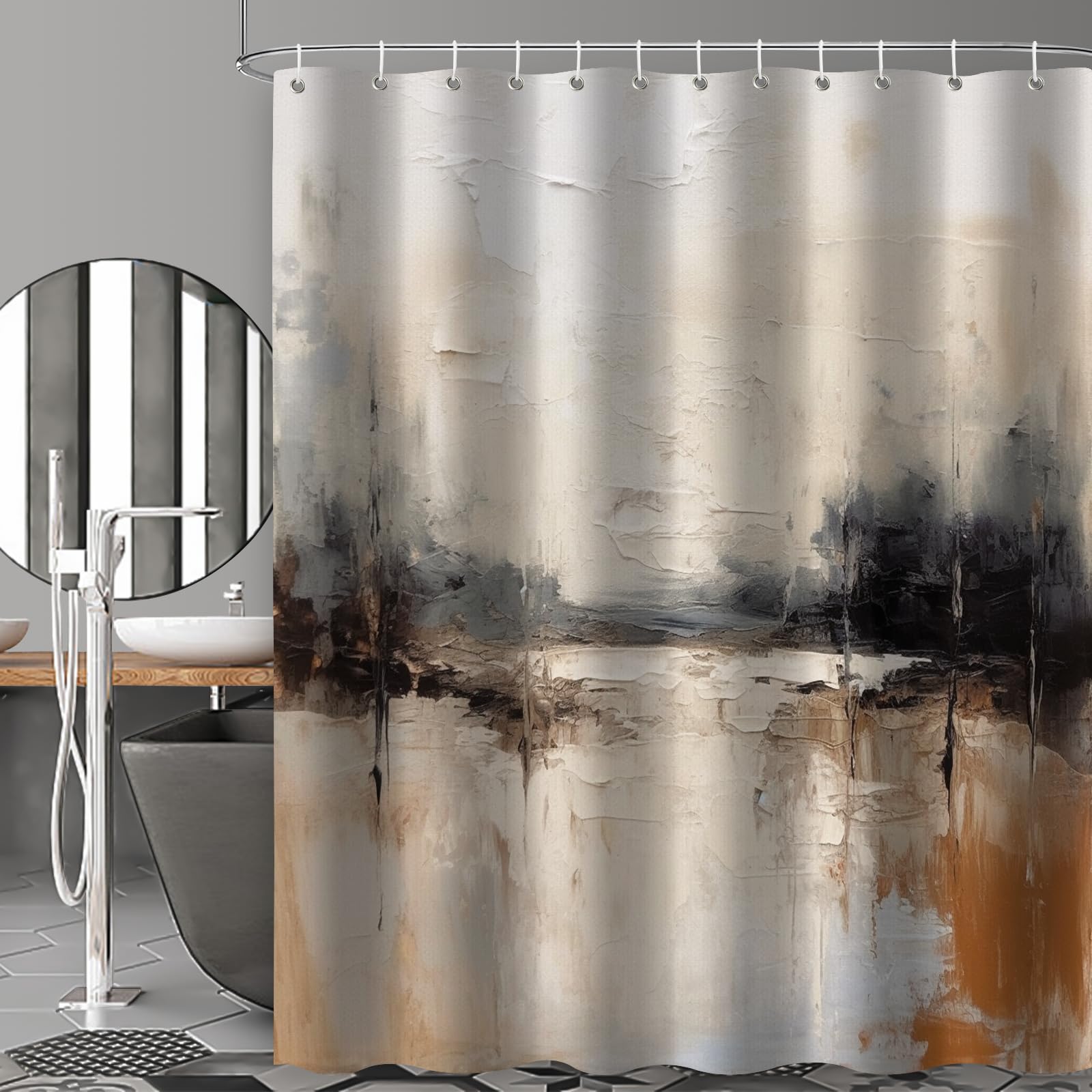 Tiyaandsy Oil Painting Abstract Shower Curtain For Bathroom, Brown Black Grey White Boho Shower Curtain Set, Cream Beige Art Fab