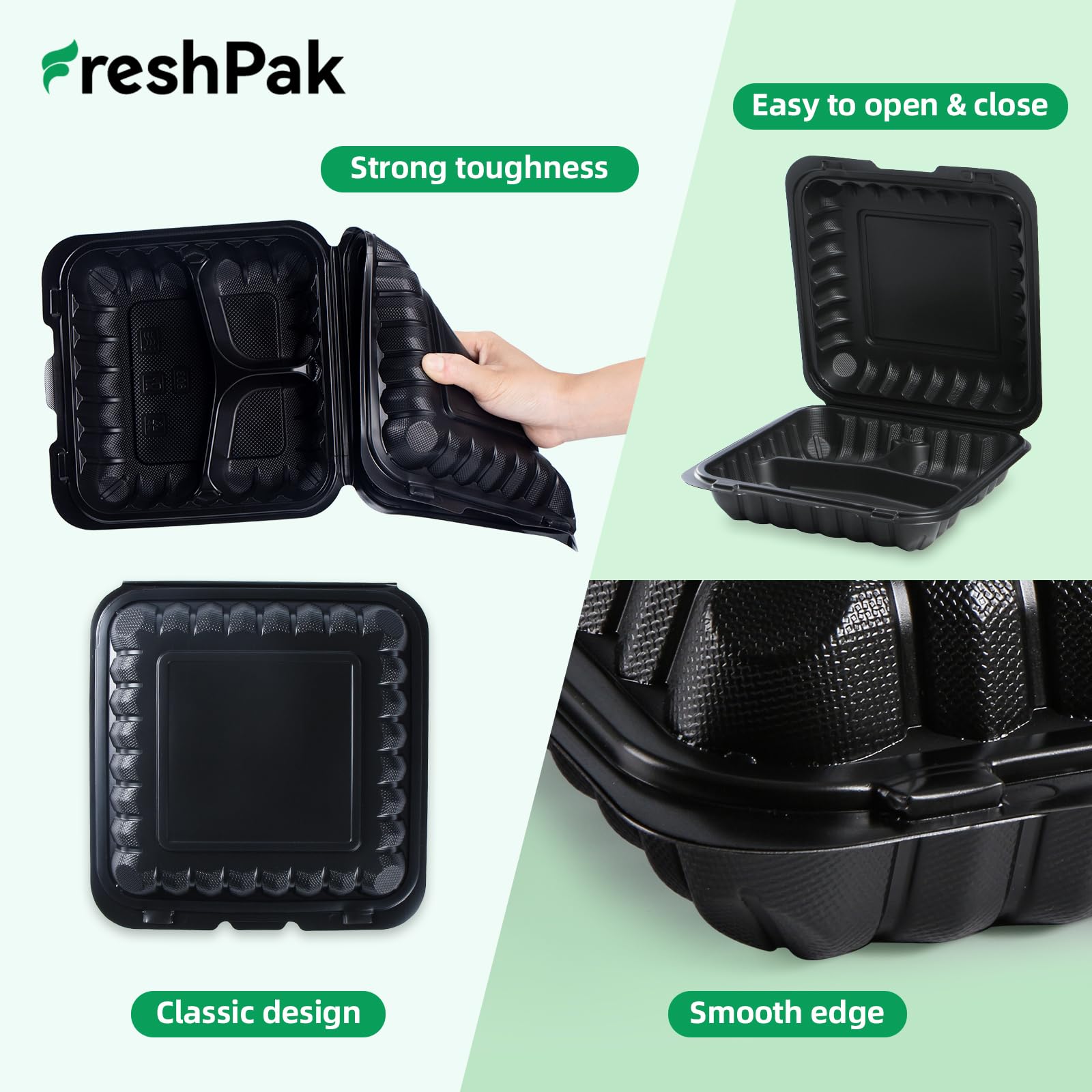 Freshpak Clamshell Food Containers, 55-Pack Plastic Black To Go Containers With Lids For Lunch 34 Oz Reusable Bpa Free 3-Compart
