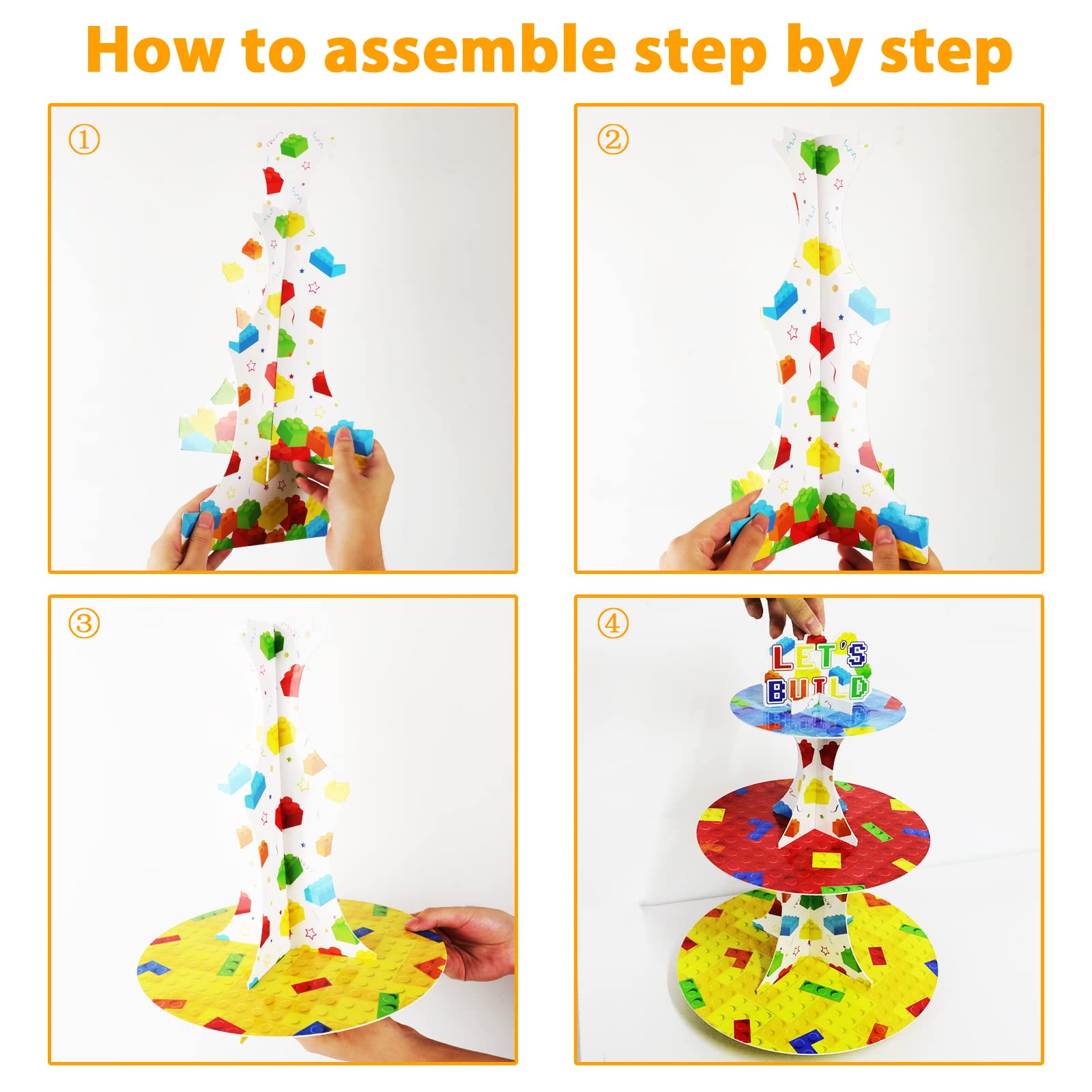 Building Block Cupcake Stand With 24Pcs Cupcake Toppers For Blocks Birthday Party Decorations 3 Tire Brick Themed Cupcake Desser