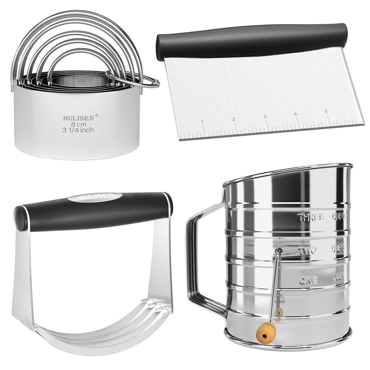 HULISEN Pastry Cutter, Dough Blender, 3 Cup Flour Sifter and Biscuit Cutter, Stainless Steel Dough Cutter, Professional Baking D