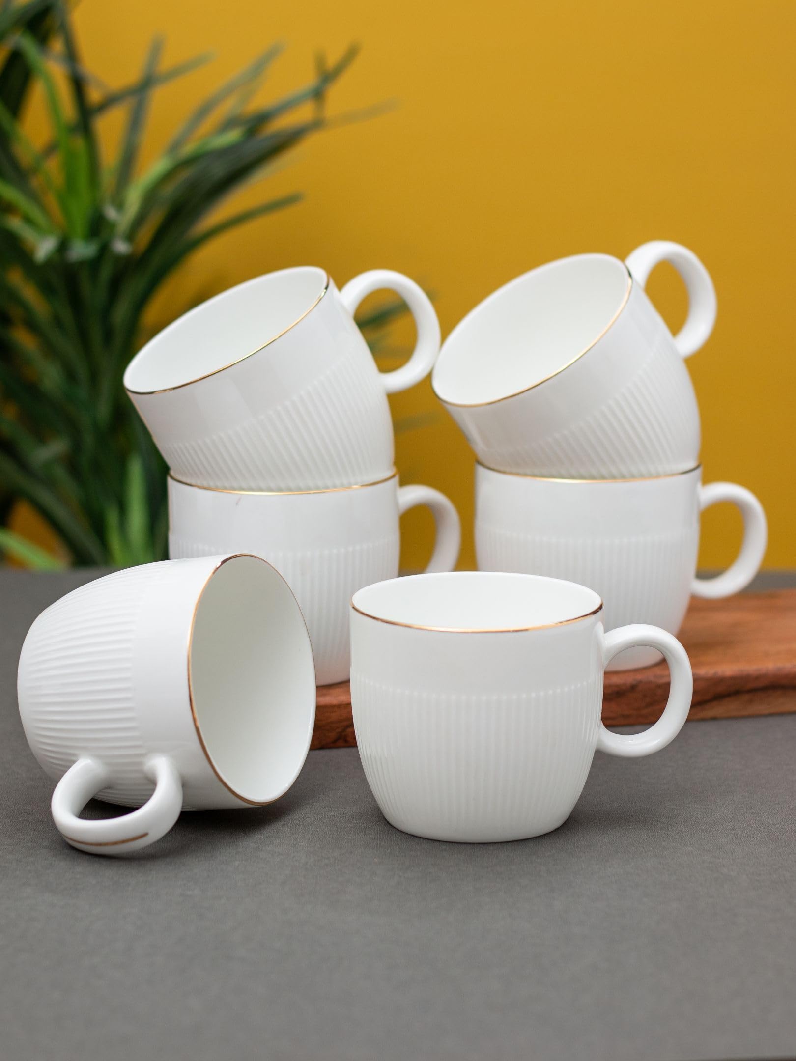 Clay Craft Impression Ceramic Gold Line Coffee Mugs/Tea Cups Set Of 6 Pieces, 200Ml, White (Barrel), Tea Cup Set Of 6, Mugs For 