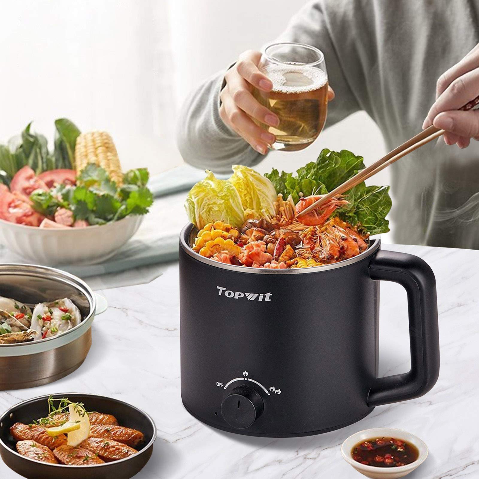 Topwit Hot Pot Electric, Electric Pot, 1.6L Ramen Cooker, Multifunctional Electric Cooker For Pasta, Shabu-Shabu, Oatmeal, Soup