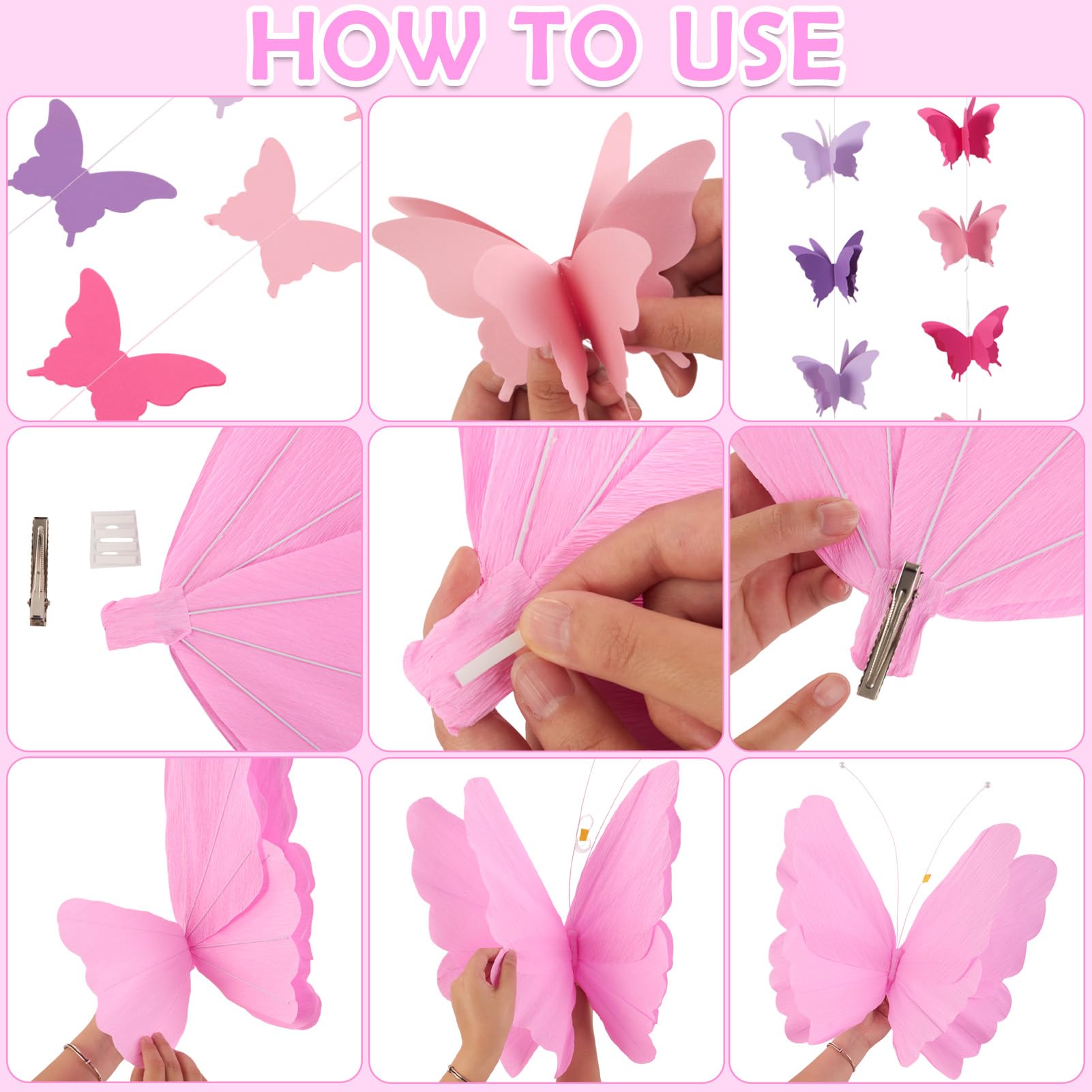 Homarkable Butterfly Decorations with 20 Inch Large Hanging Butterflies and Butterfly Garland, Purple Butterfly Party Decortions