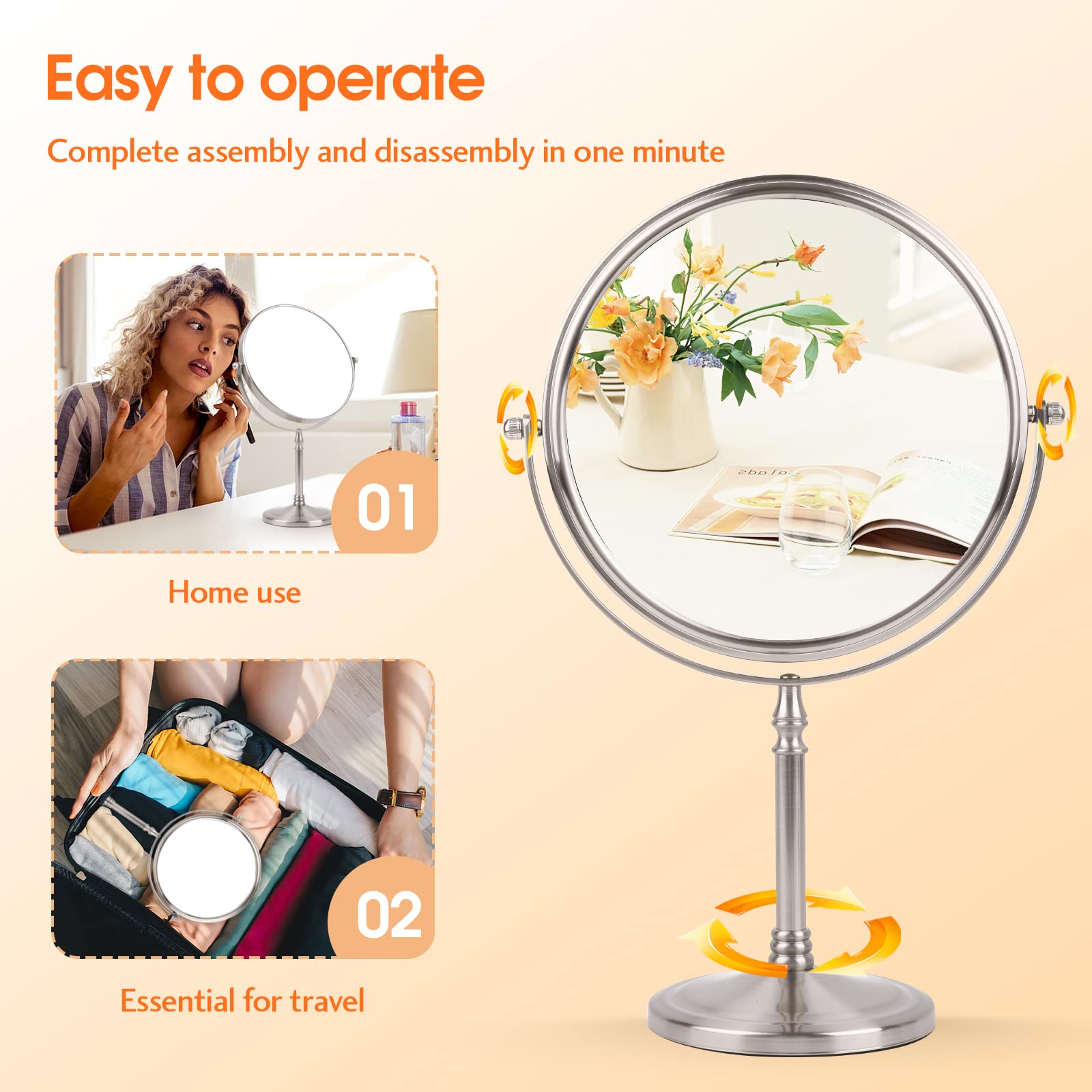 Ohotecy Makeup Mirror 8'' Magnifying Mirror 1/10X Magnification, Large Table Top Double-Sided Swivel Vanity Mirror Chrome Finish