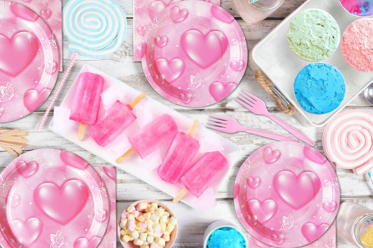 Grencian 96Pcs 2000S Party Decorations Pink Heart Party Plates Y2K 90S Heart Disposable Tableware Set For Birthday Wedding Party