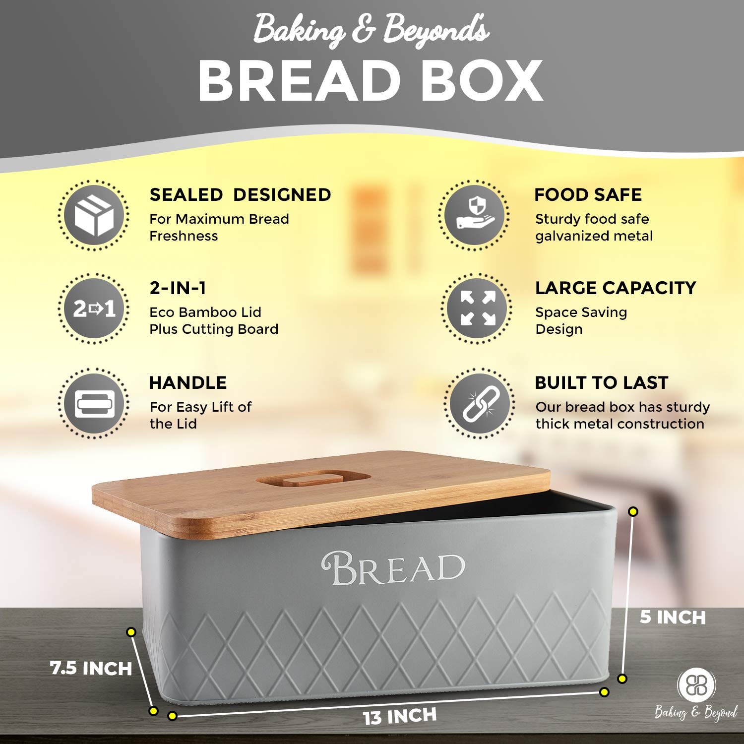 Baking & Beyond Bread Box with Bamboo Cutting Board Lid 13''x7.5''x5'' Space-Saving Bread Box for Kitchen Countertop  Bread Storage Container Holder  Bread Keeper Bin - Fresh Loaves