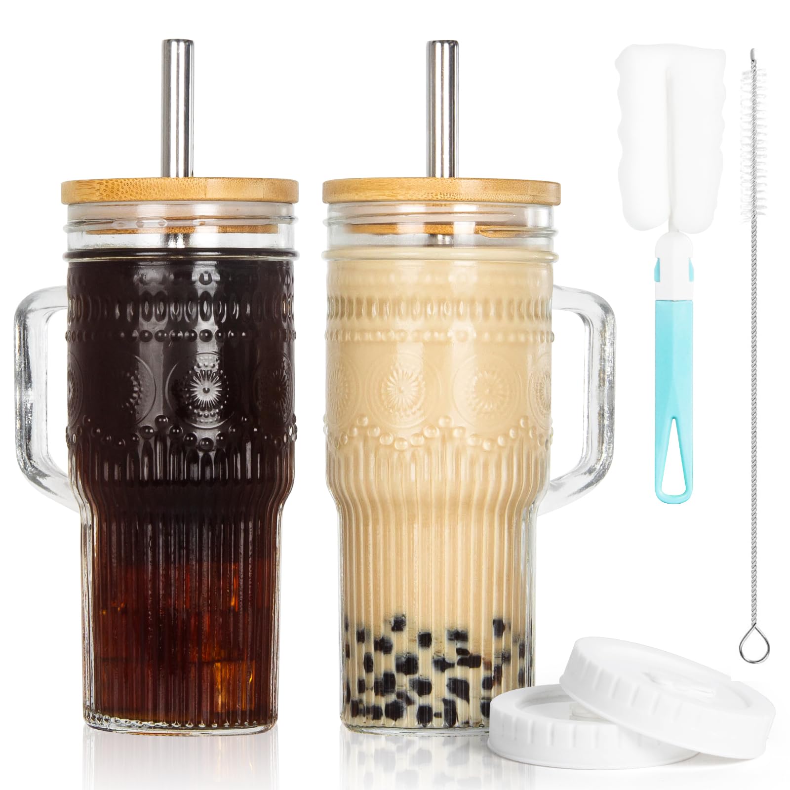 JunVpic Glass Cups with Bamboo Lids and Straws, 24oz Glass Tumbler with Handle, Stainless Steel Straws & Cleaning Brushes - Boho