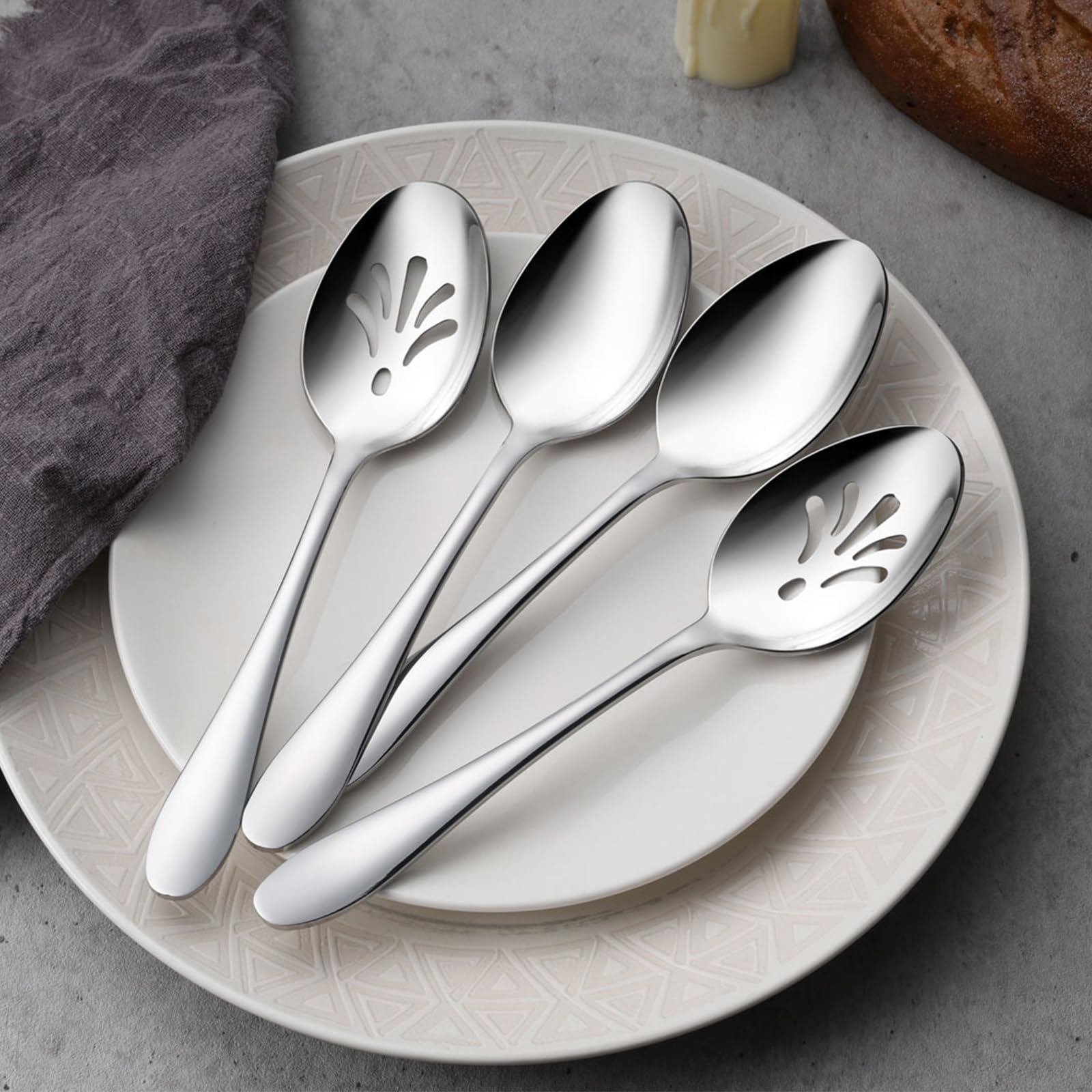 E-Far Serving Spoons, 4-Piece Stainless Steel Serving Utensils Set - Solid Spoons X 2, Slotted Spoons X 2, Metal Hostess Serving