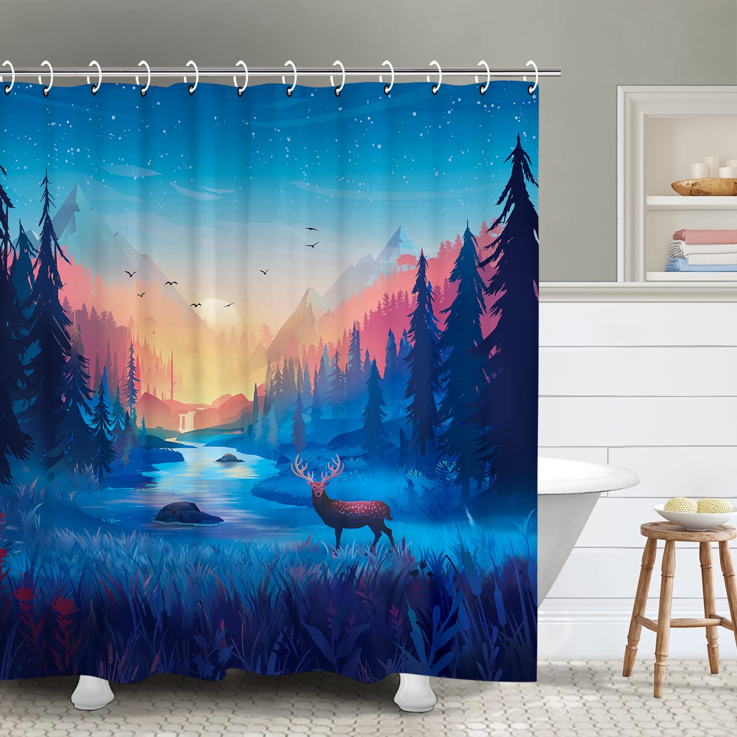 Rosielily Forest Shower Curtain, Nature Shower Curtains Set With 12 Hooks, Deer Shower Curtain, Sunset Bathroom Decor, 72''X72''
