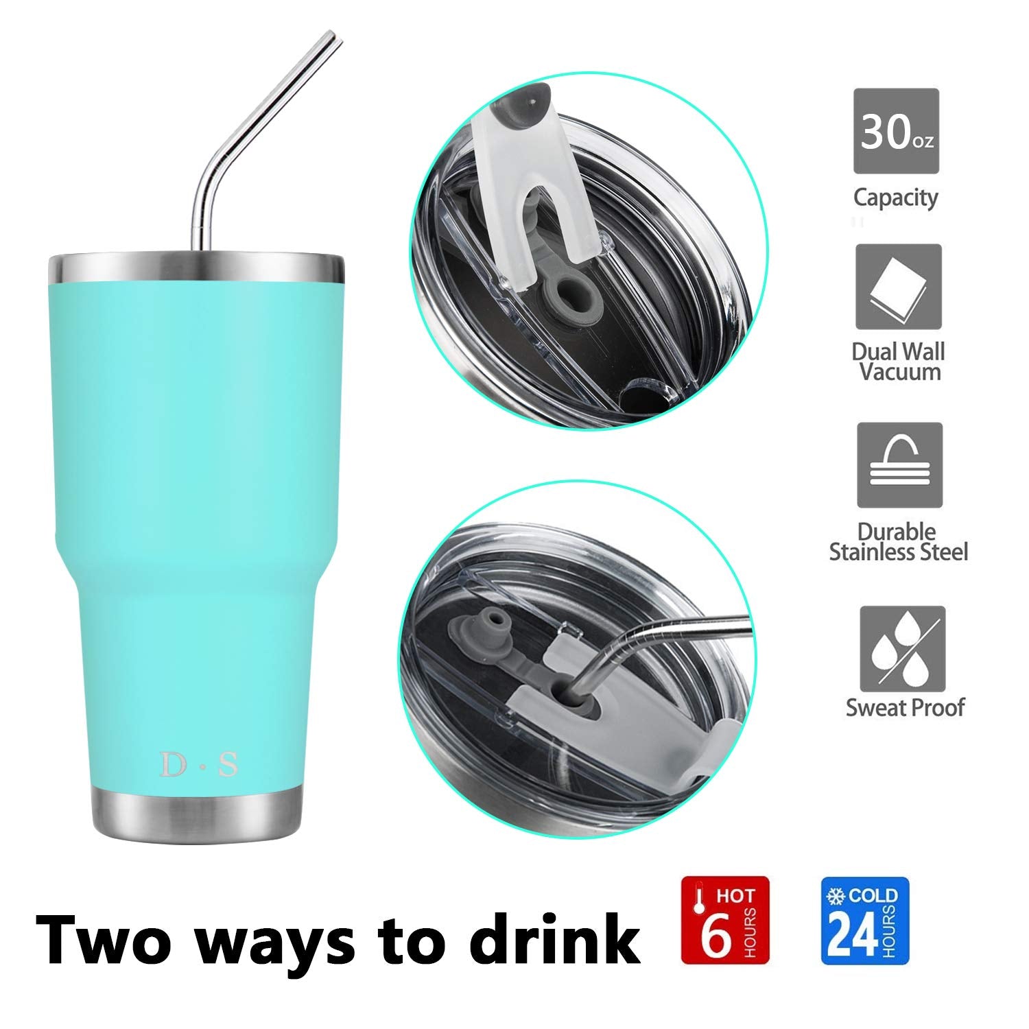 DS 30oz Mint Tumbler Stainless Steel Double Wall Vacuum Insulated Mug with Straw and Lid, Cleaning Brush for Cold and Hot Bevera