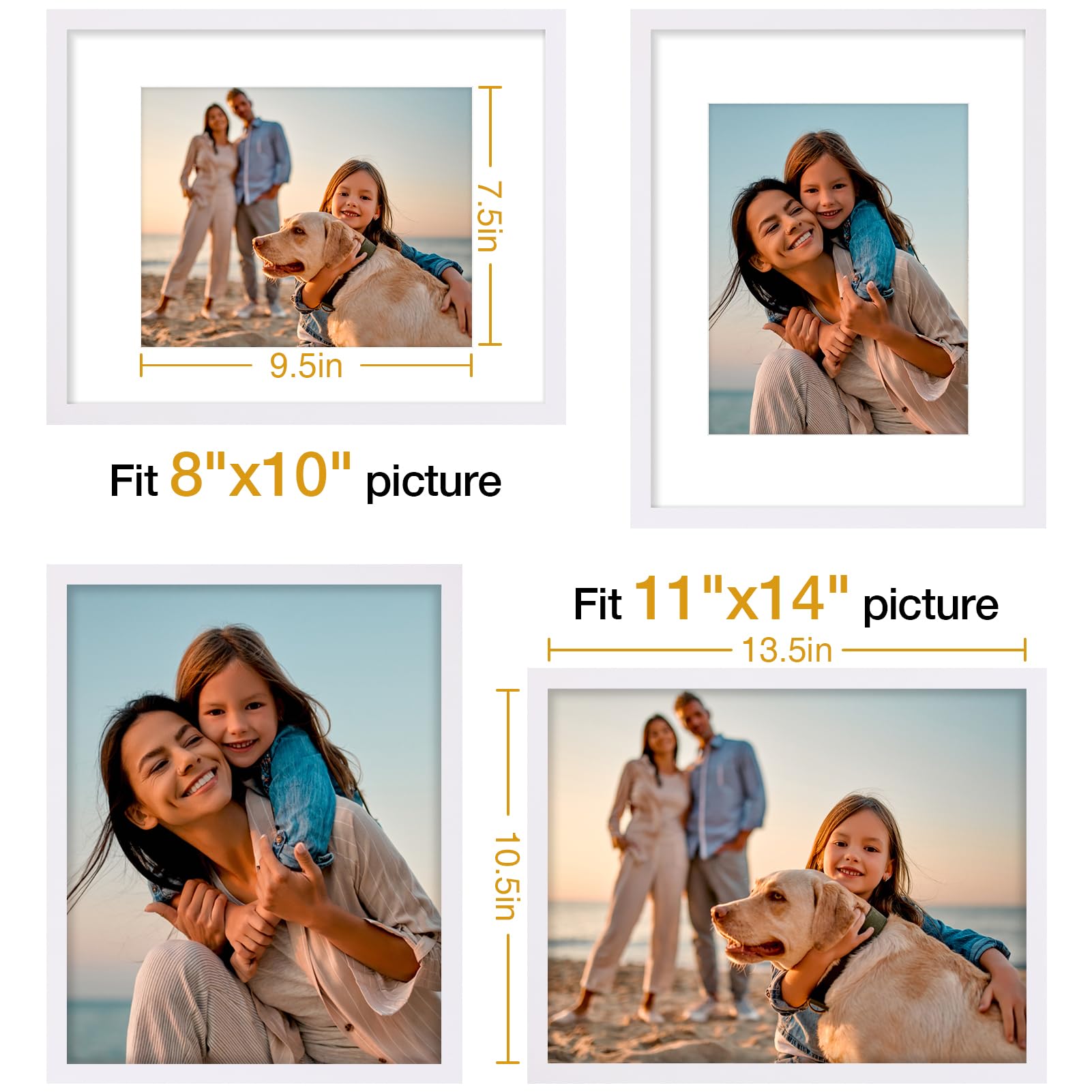 Vittanly 11x14 Picture Frame Set of 4, Display Pictures 8x10 with Mat or 11x14 without Mat, Gallery Wall Frame Set for Wall or T