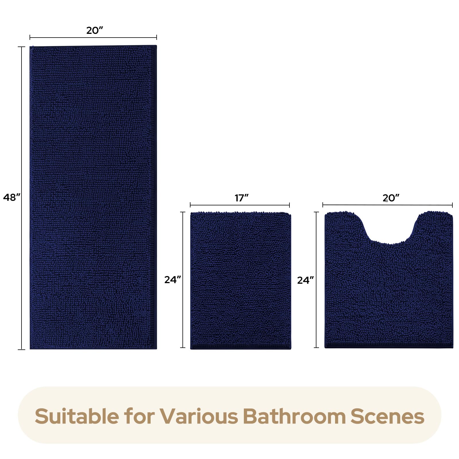 Homeideas 3 Pieces Bathroom Rugs, Extra Large Ultra Soft Non Slip Absorbent Chenille Toilet Bath Mat Set (Navy Blue)