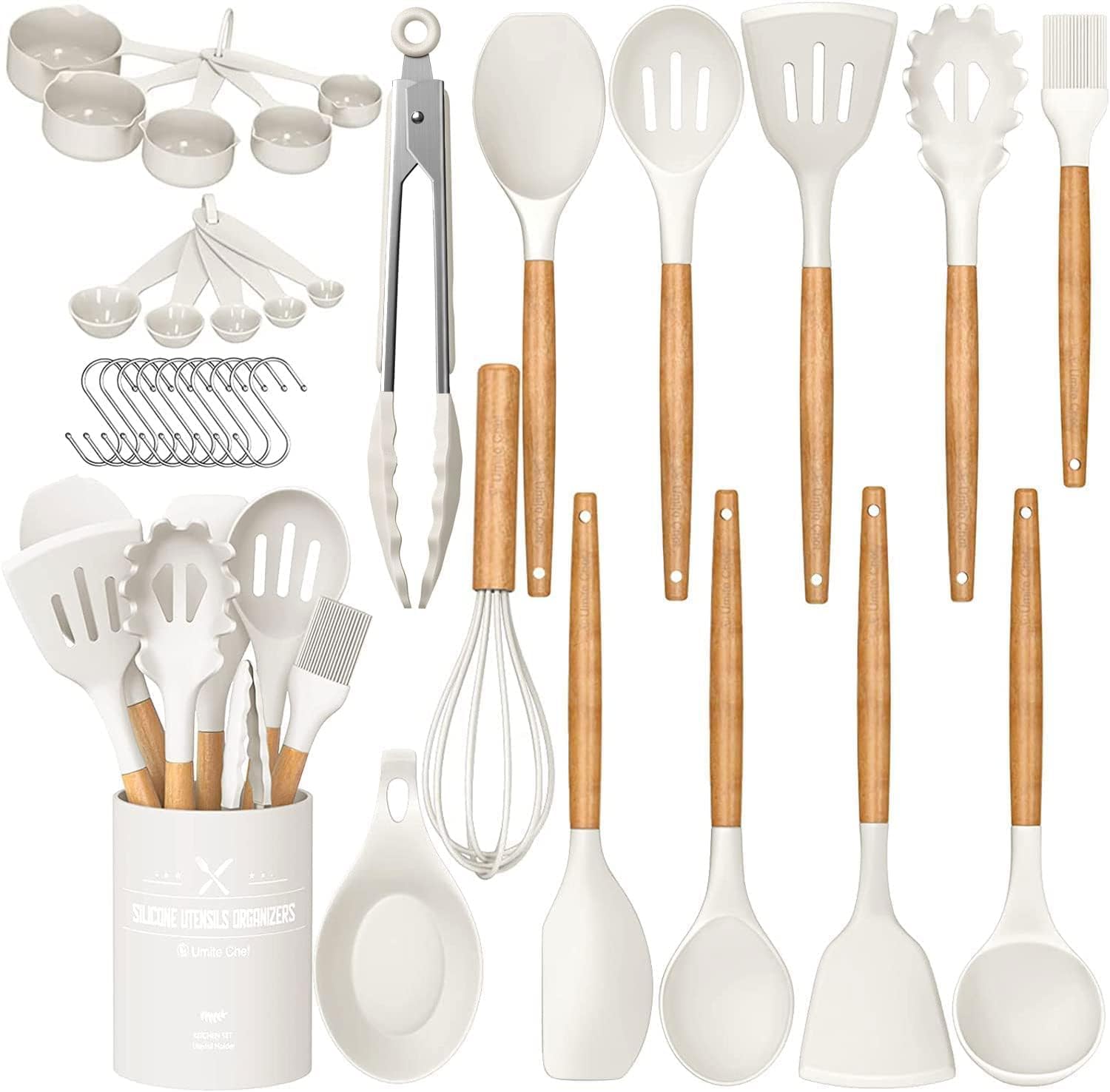Umite Chef Kitchen Cooking Utensils Set, 33 Pcs Non-Stick Silicone Cooking Kitchen Utensils Spatula Set With Holder, Wooden Hand