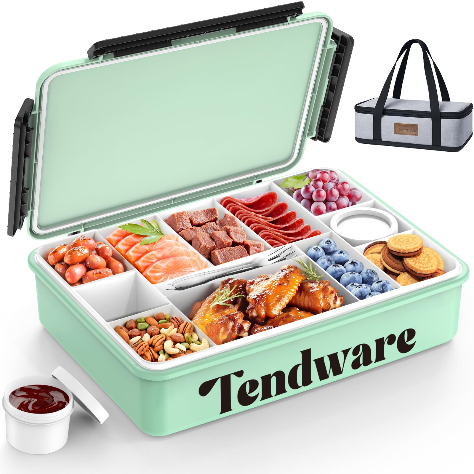 TENDWARE Chilled Portable Snackle Box Container Insulated Bag Keep Food Warm 12 Compartment Divided Serving Tray Reusable Ice Pa