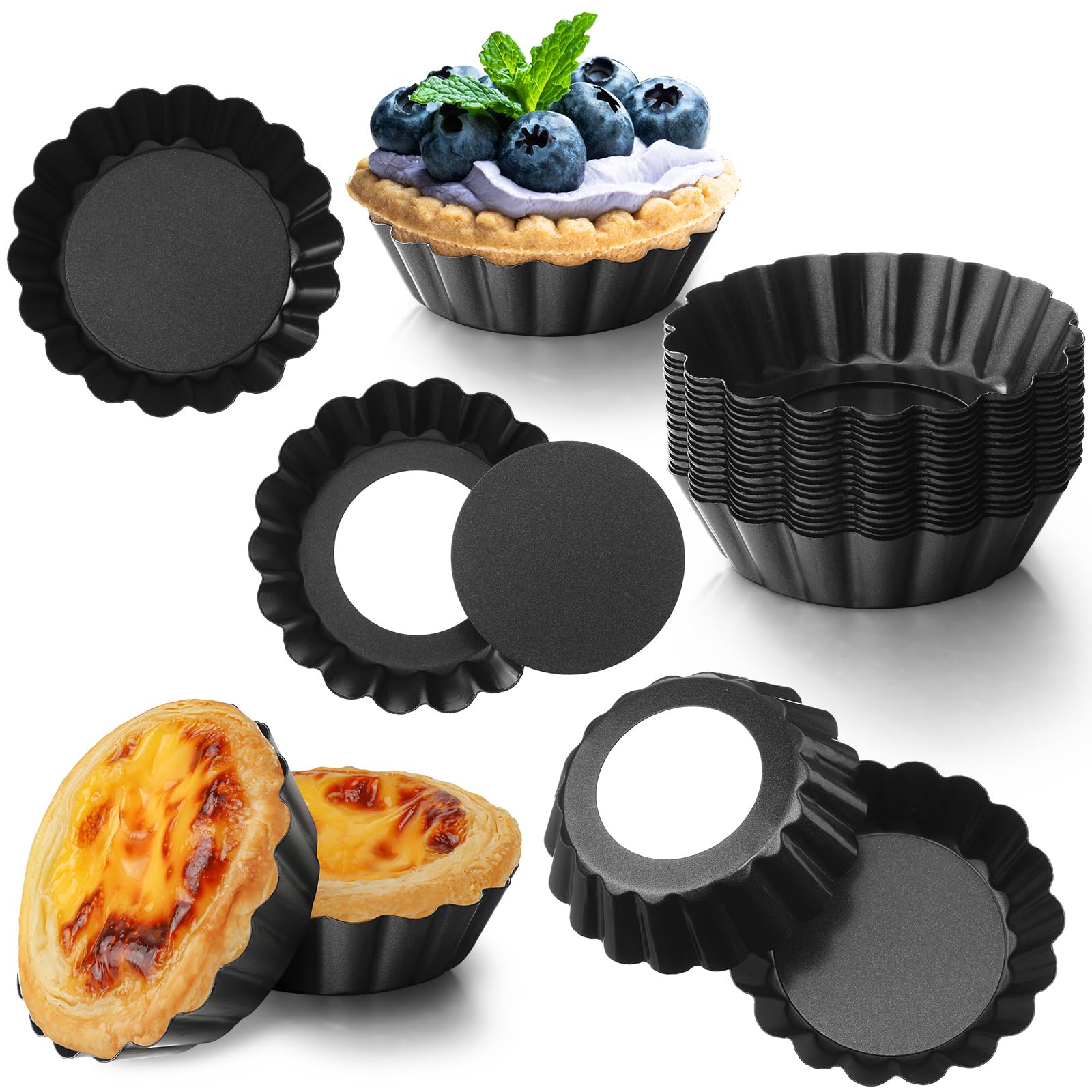 Gejoy 32 Pcs Egg Tart Molds 3'' Mini Tart Pan Mini Pie Pans With Removable Bottom Carbon Steel Reusable Quiche Bakeware Cupcake