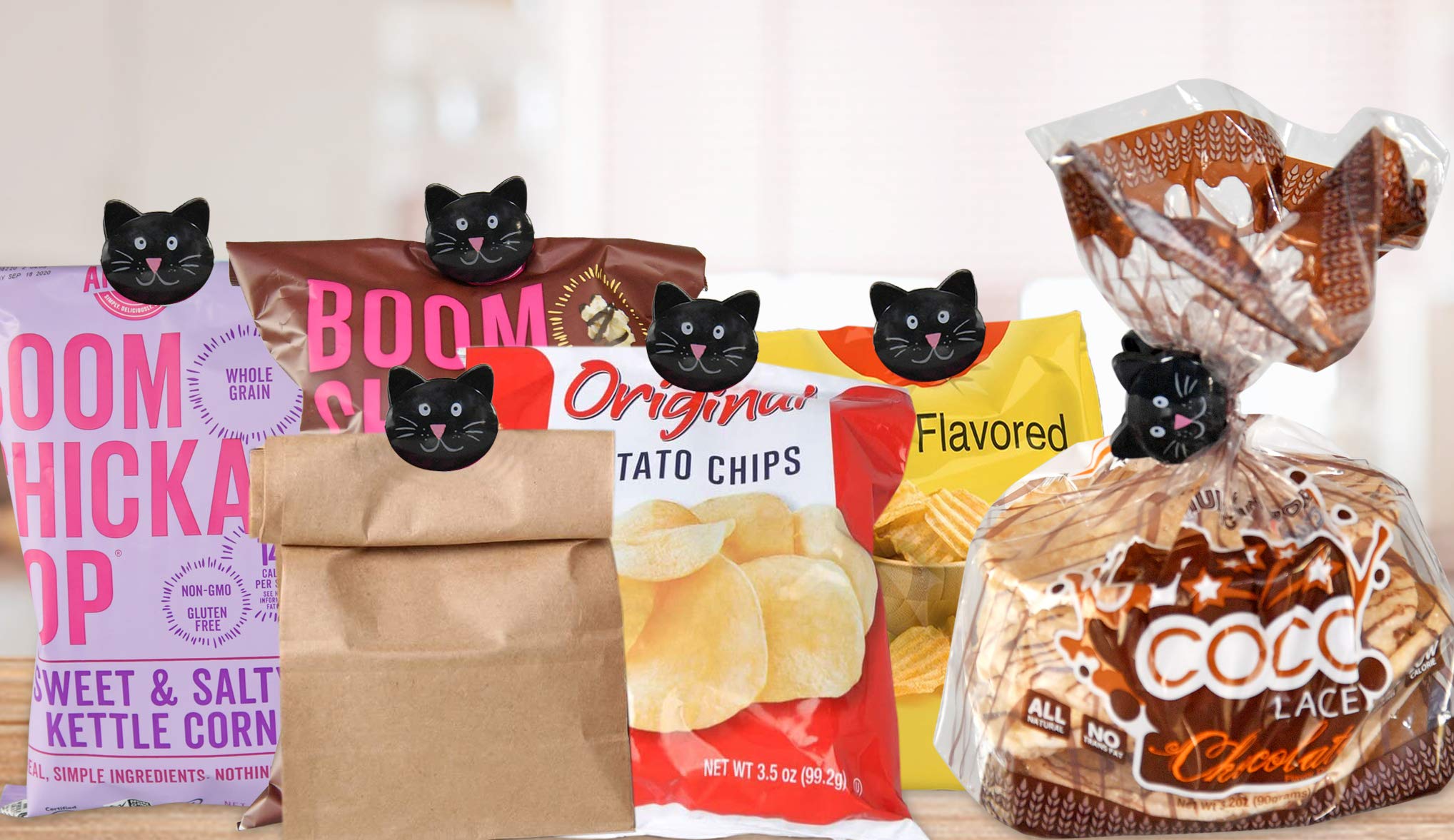 Home-X Cat-Shaped Bag Clips For Chips, Kitchen And Laundry, Black Cat-Face Food Bag Clips, 1.75   L X 1.5    W, Set Of 6