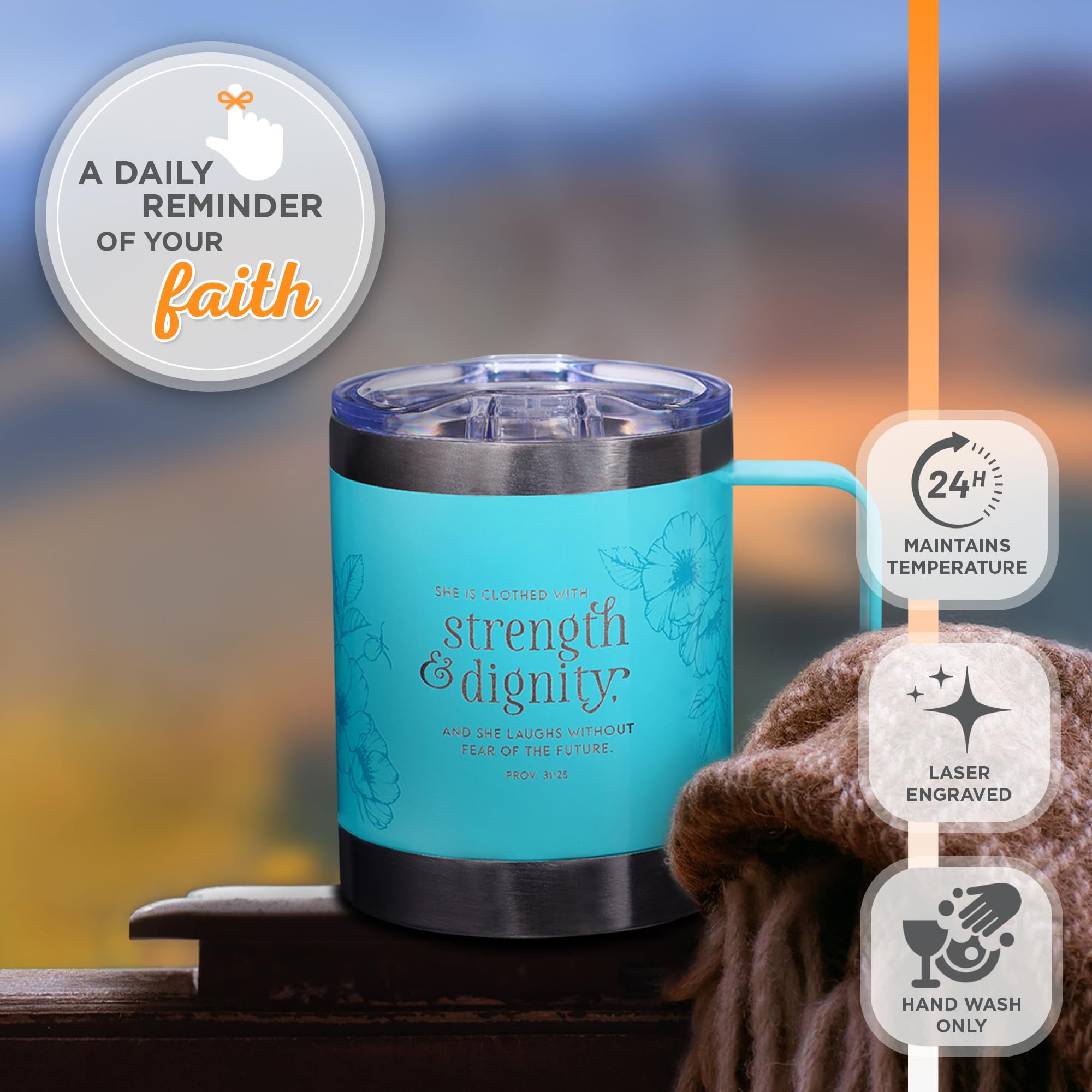 Christian Art Gifts Stainless Steel Double Wall Vacuum Insulated Camp Style Travel Mug 11 Oz Floral Teal Coffee Mug With Lid And