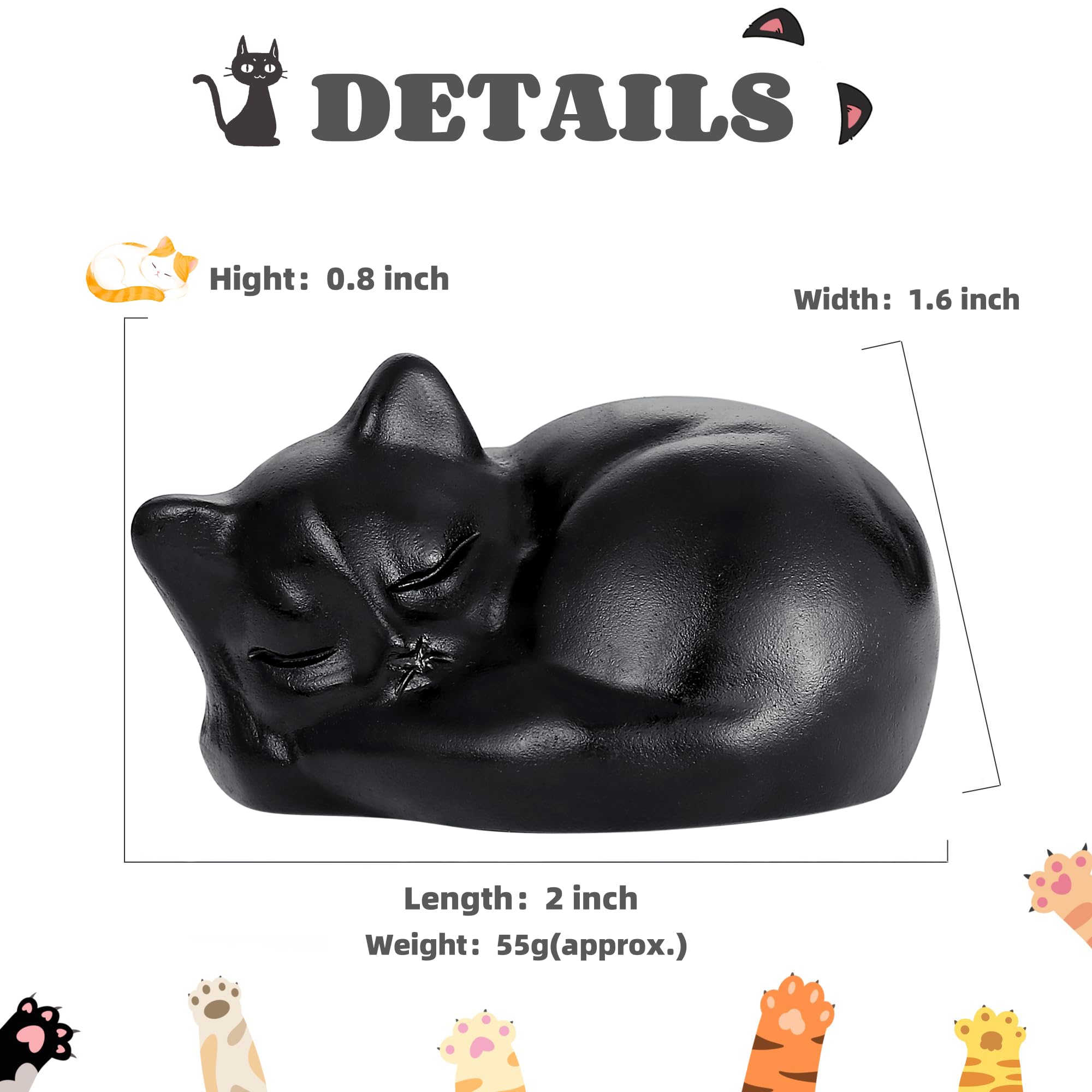 YATOJUZI 2 Cat Decors Statue Black Obsidian Crystals Sleeping Cats Matte Gemstone Hand-Carved Cute Animal Statues Figurine Room