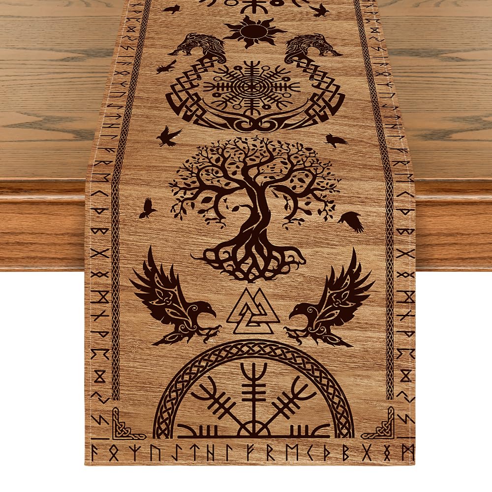 Artoid Mode Wood Viking Tree Of Life Raven Helmet Of Awe Table Runner, Seasonal Kitchen Dining Table Decoration For Home Party D