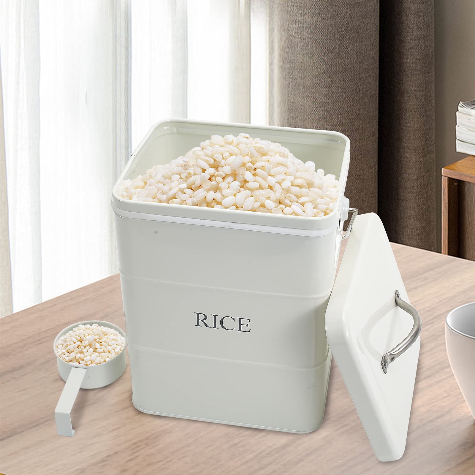 Xbopetda Metal Rice Storage Box  Square Rice Container with Lid and handle  Sealed Food Storage Bin for Kitchen  Countertop Organizer Jar for Rice Flour Soybean Grain Cereal-White