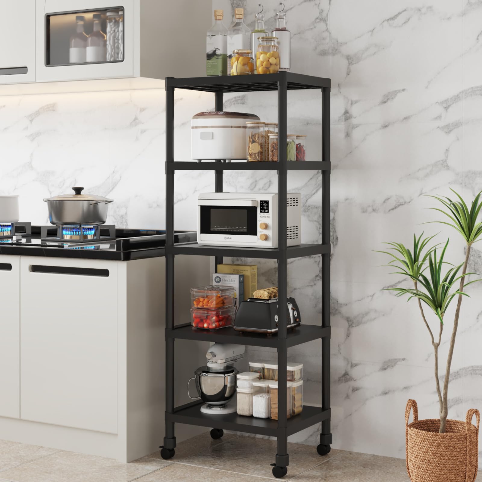 Home Cube 5Tier Storage Shelf With Plastic Shelves With Wheels Kitchen Organizer Rack Microwave Stand Bookshelf Standing Shelf 