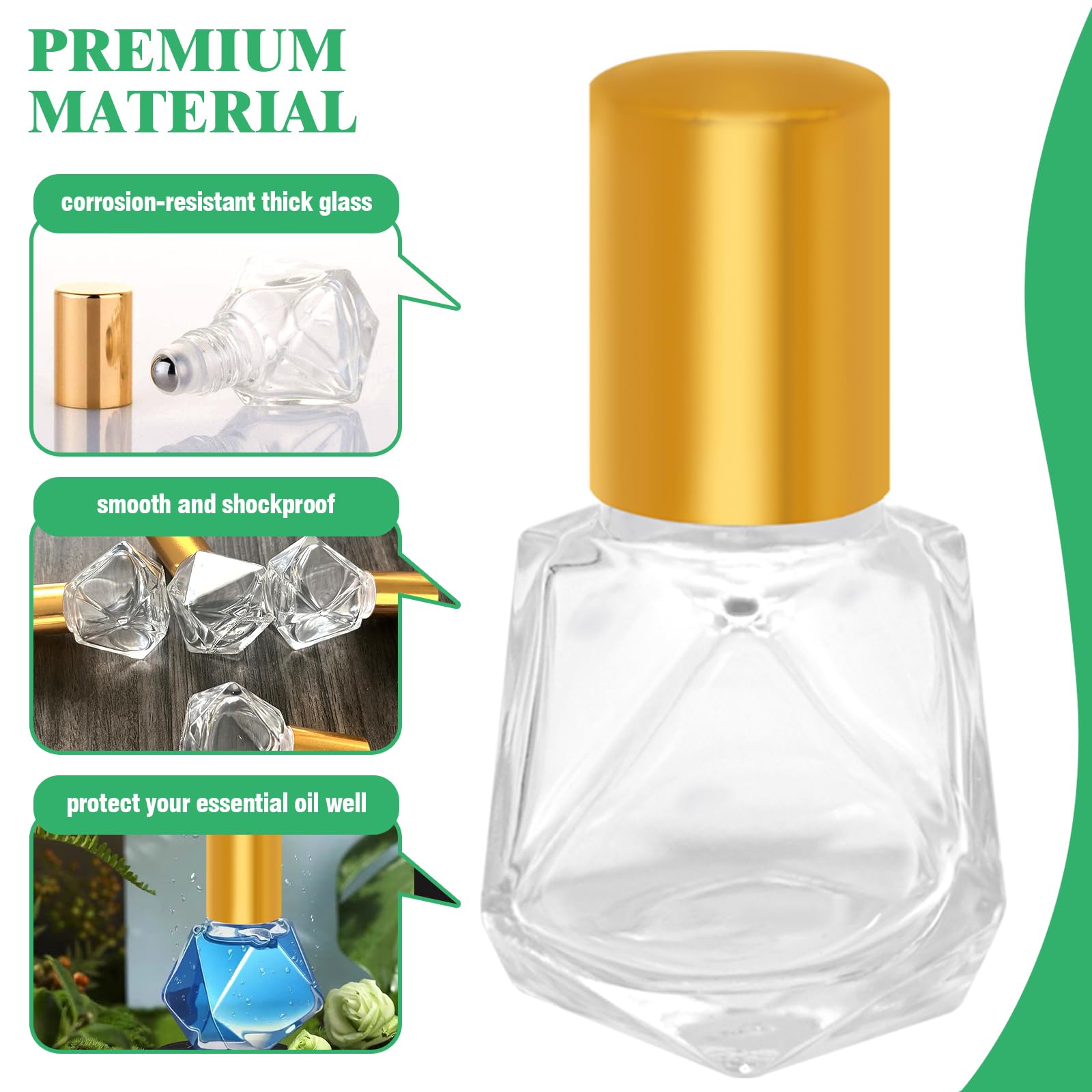 Yauhar 30Pcs 8Ml/0.27Oz Travel Essential Oil Roll On Bottle With Stainless Steel Ball Gold Cap Set Contains Polygonal Clear Glas