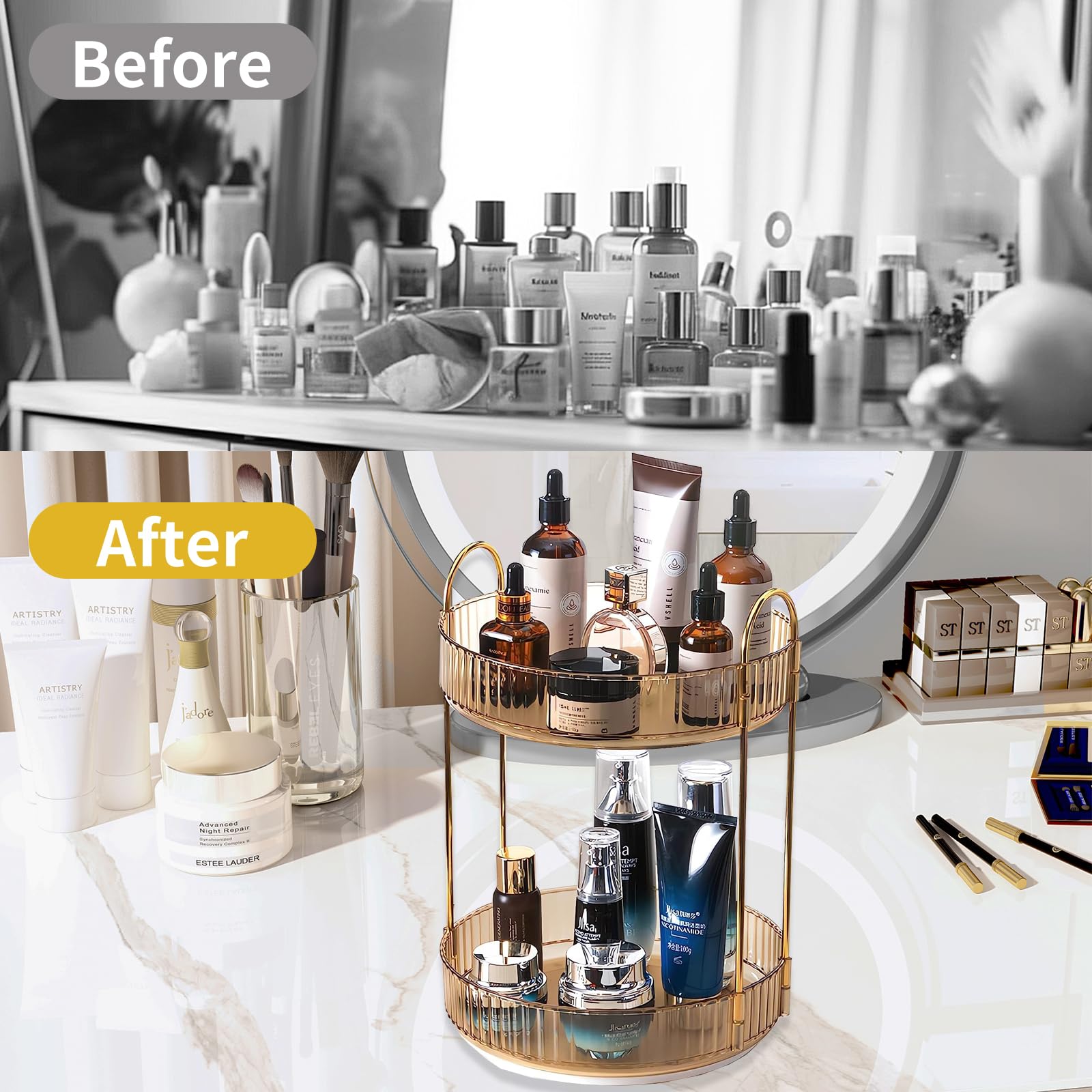 Asayuee 360 Rotating Gold Makeup Organizer,2 Tier Large Capacity Rotating Makeup Organizer,Skincareperfume Organizer,Bathroom Co