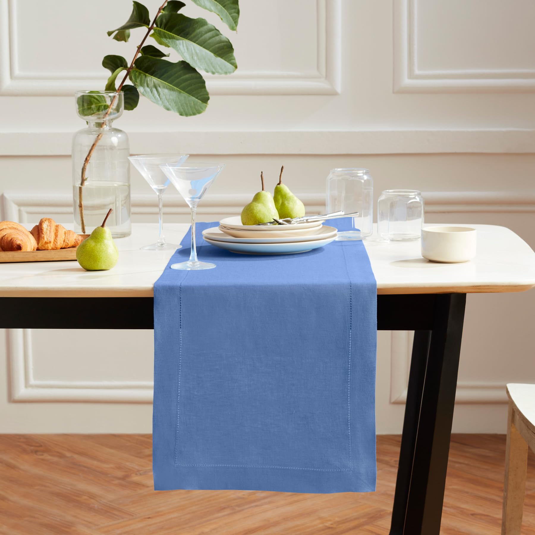 Solino Home Linen Blue Table Runner 60 Inch - 100% Pure Linen Hemstitch Short Table Runner 14 X 60 Inch Ideal For Dresser And Co