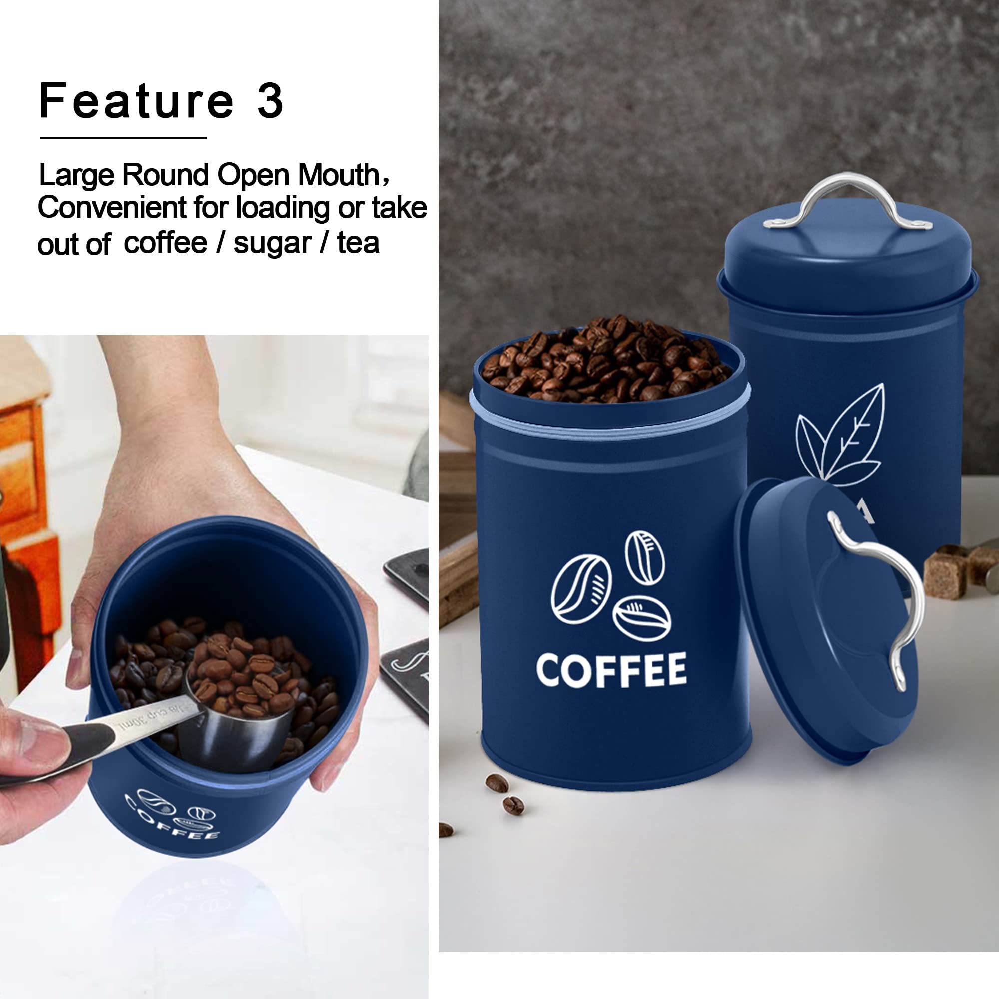 Teamfar Canister Sets For Kitchen Counter, 3 Pcs Kitchen Canisters Set For Coffee Sugar Tea, Navy Blue Metal Farmhouse Decor Sto