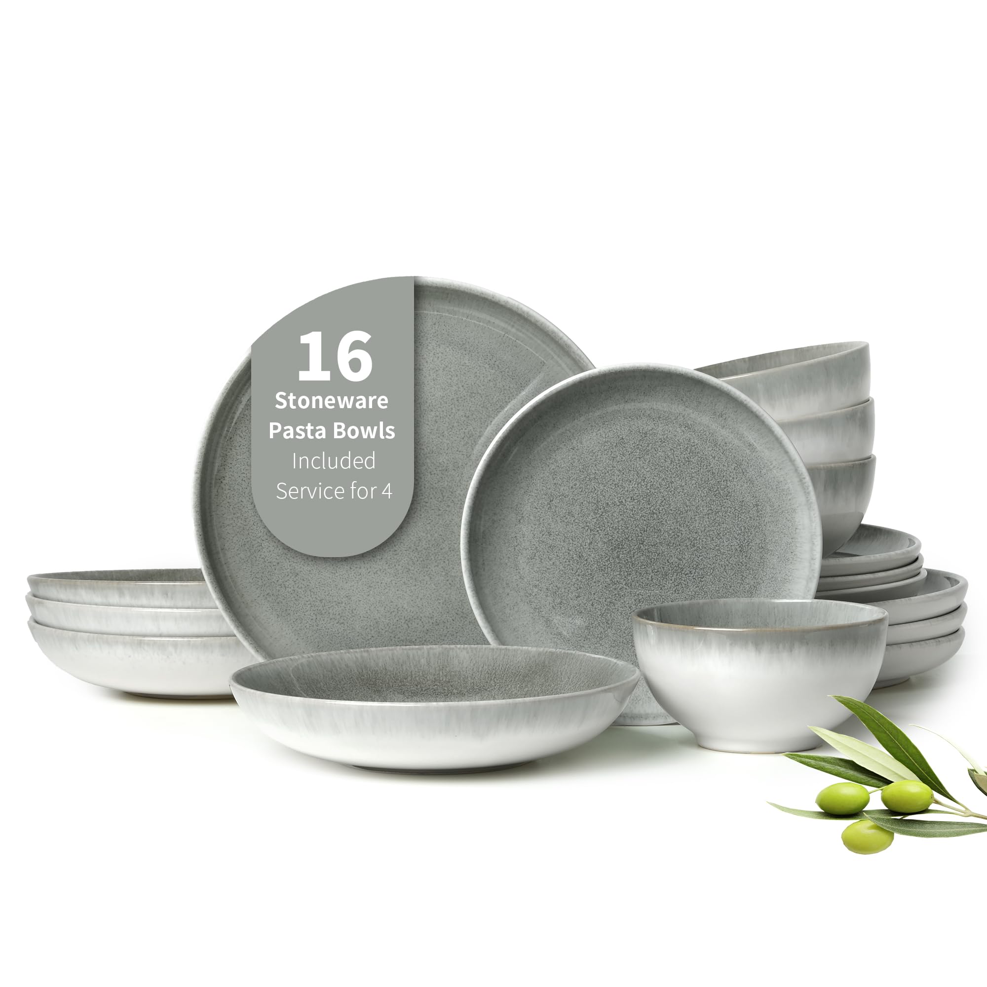 Pokini 16 Piece Double Bowl Dinnerware Sets, Stain Resistant Dish Set with Pasta Bowls, Easy Cleaning Dishes, Multi-Functional P