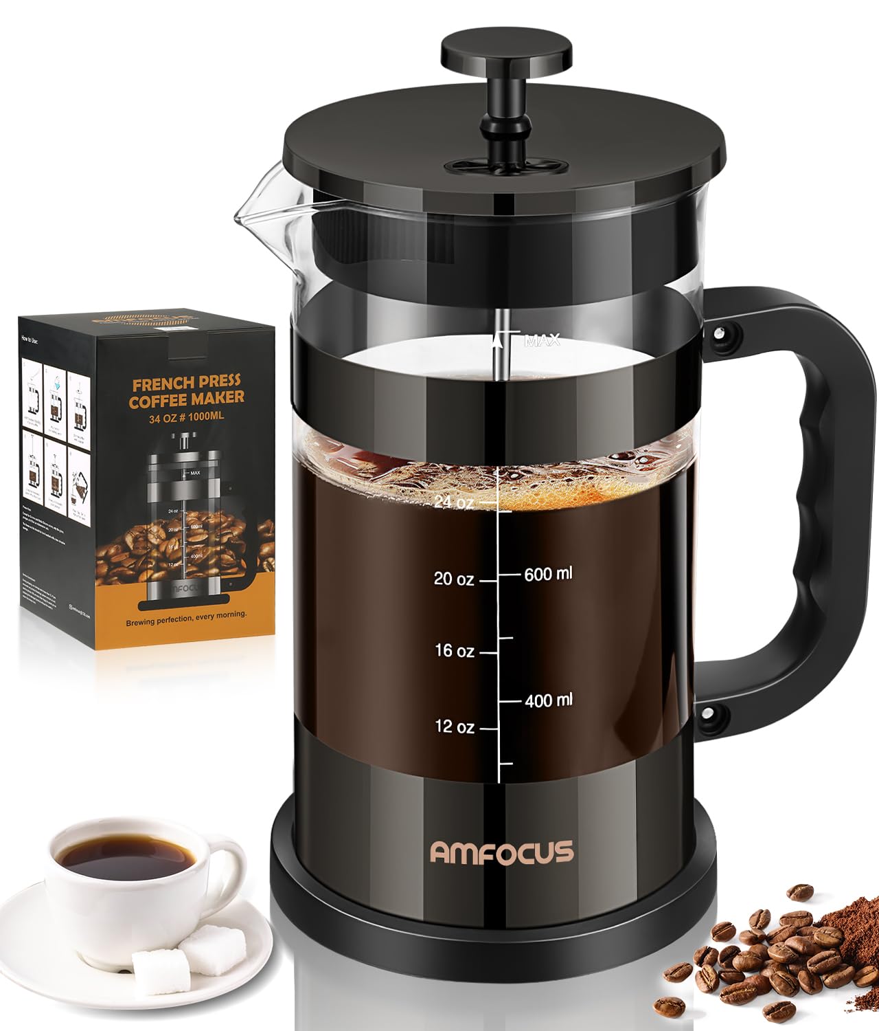 French Press Coffee Maker -34Oz Classic Coffee Press Heat-Resistant Borosilicate Glass Coffee Pot With 4-Level Disassemble Filte