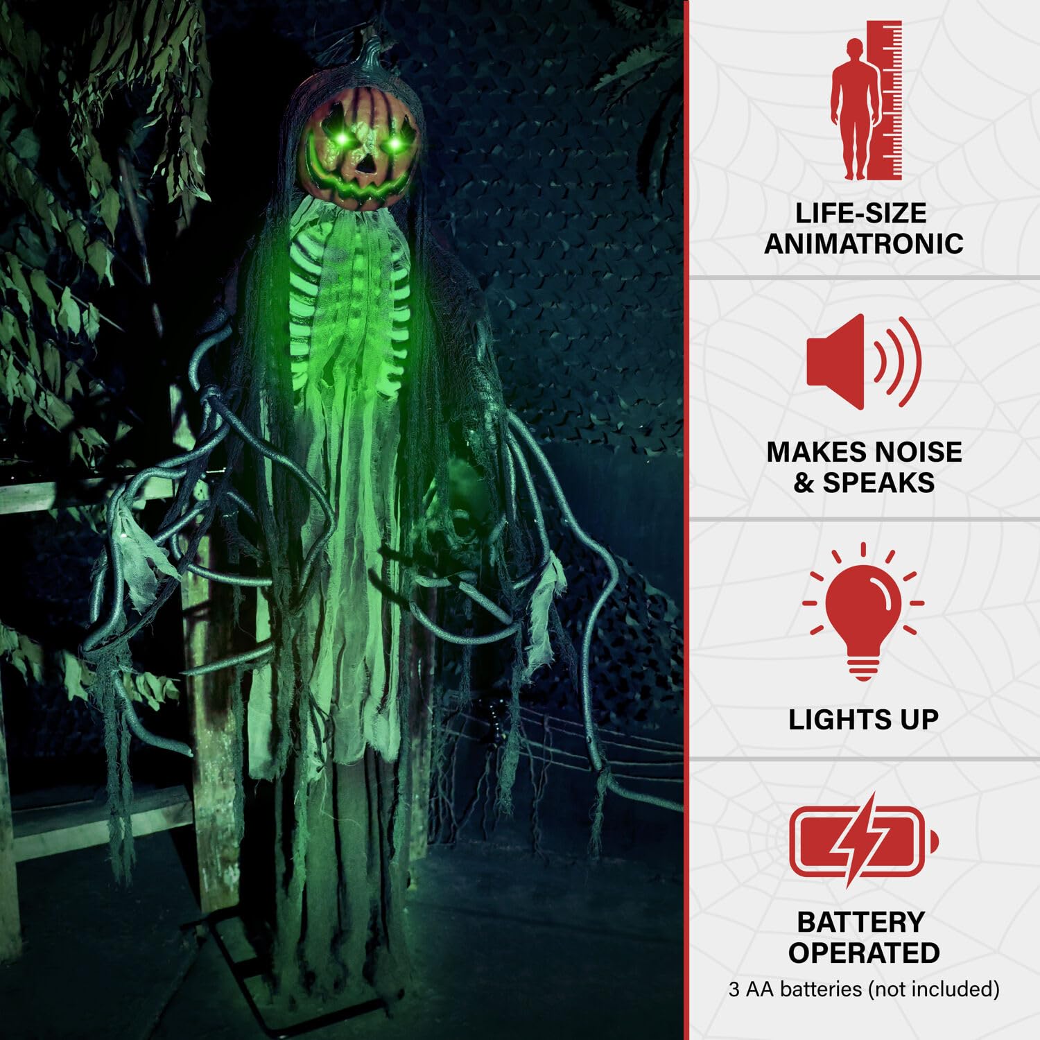 Haunted Hill Farm Lifesize Animatronic Scary Talking Pumpkin Man with Touch Activated Lights and Sound, Battery-Operated Indoor