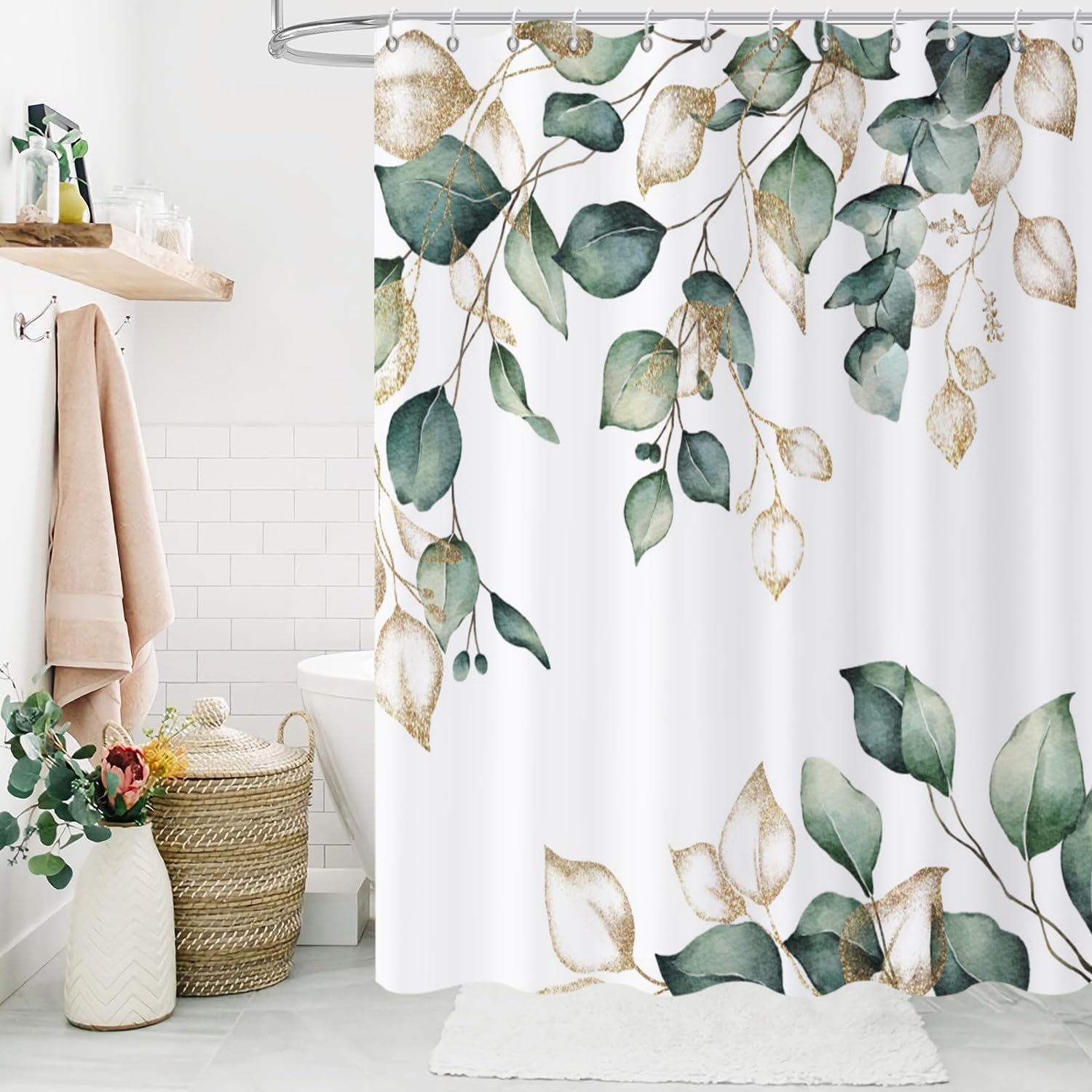 Caheansi Sage Green Leaf Shower Curtain, Green And Gold Eucalyptus Leaf Botanical Watercolor Plants Spring Bathroom Curtain Wate