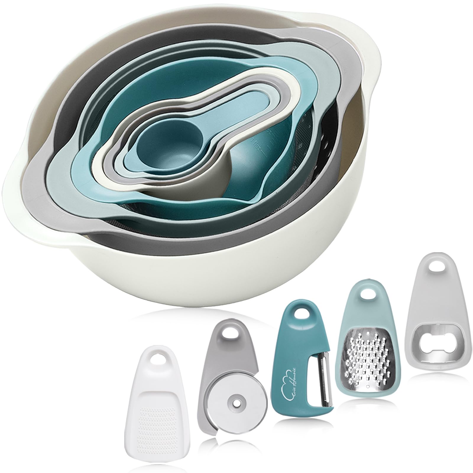 Mixing Bowls For Kitchen, 13 Piece Plastic Mixing Bowls Set Includes 2 Mixing Bowls, 1 Colander, 1 Sifter, 4 Measuring Cups, 5 K
