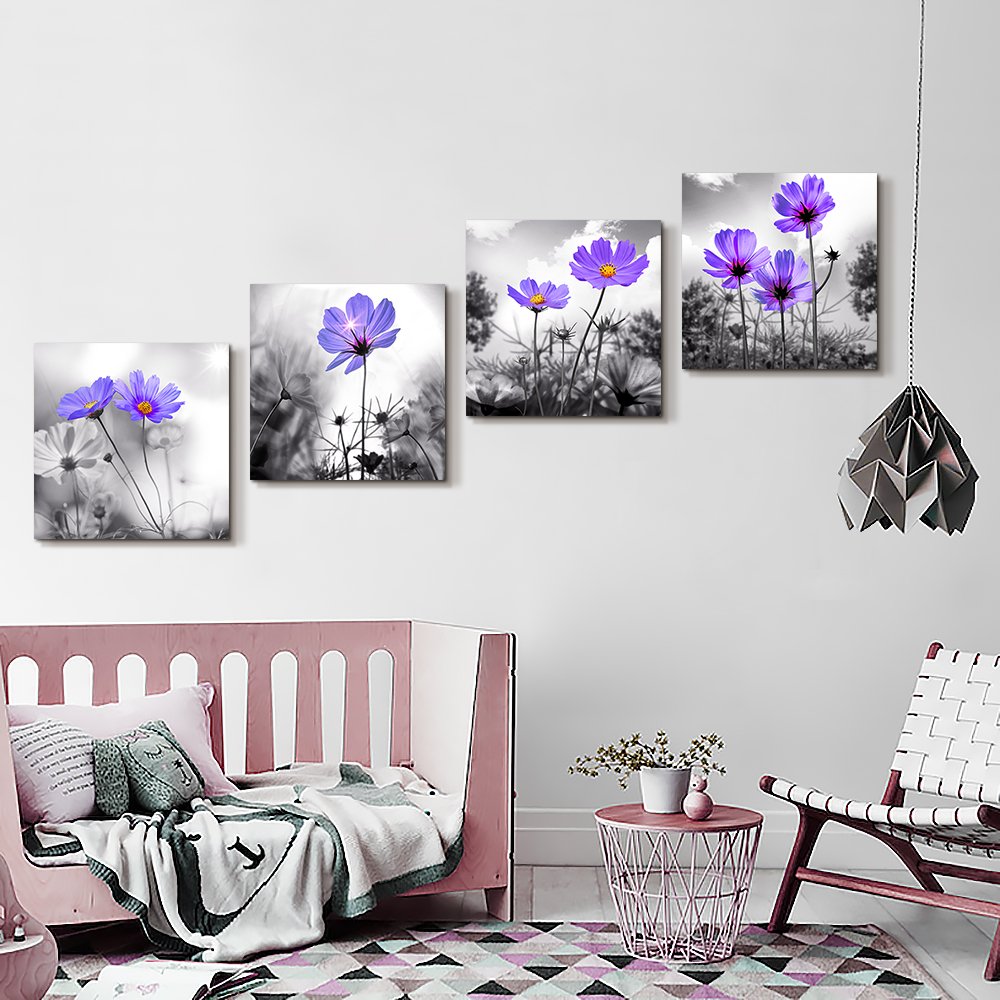 bathroom wall Decor wall art for bedroom Canvas Prints for kitchen poster pictures artwork Home wall Decorations for living room 16'' x 16'' 4 Pieces Framed Black and white landscape purple flowers