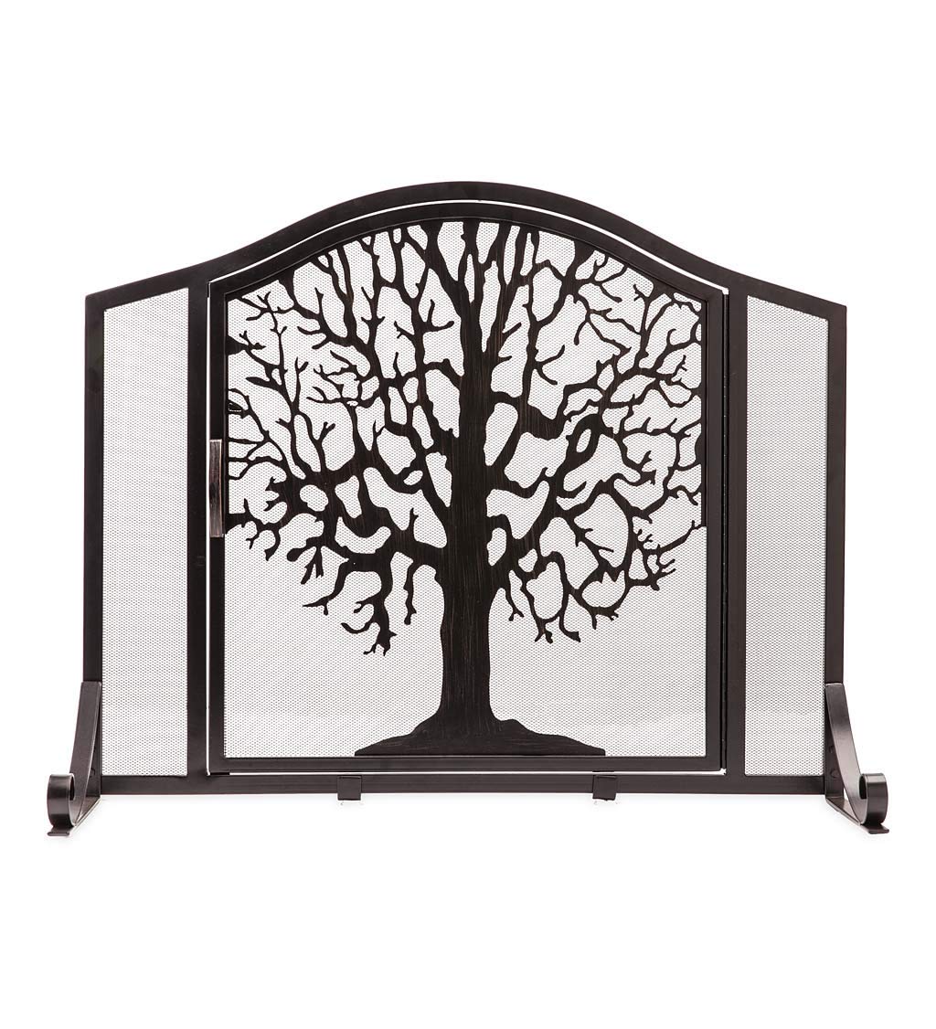 Plow & Hearth Metal Fireplace Screen Tree Of Life Black | 44'' W X 33'' H | Flatguard | Spark Guard Grate | Iron Fire Place Cove