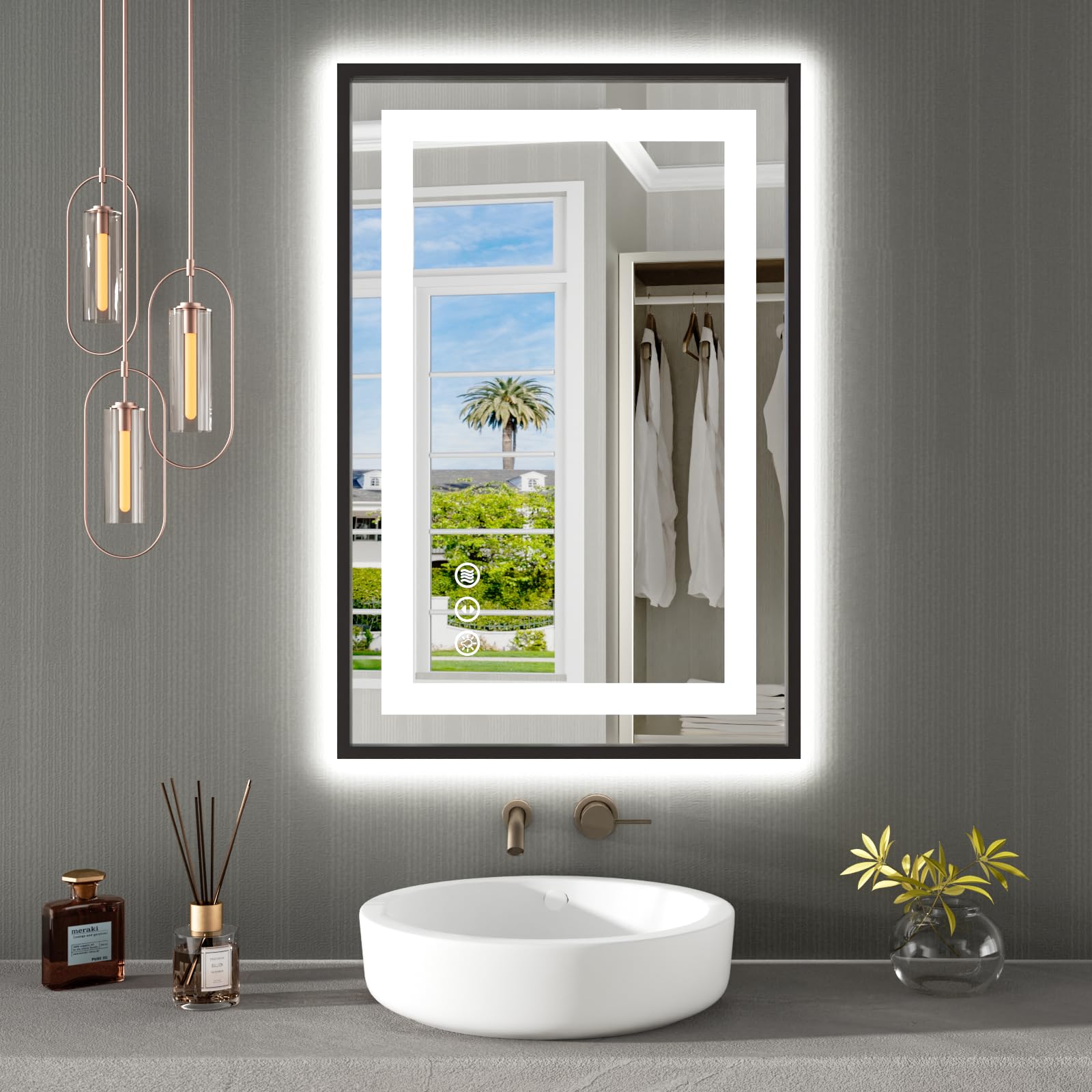 Amorho 36''X 24'' Led Bathroom Mirror With Black Frame, Front Light And Backlit, Stepless Dimmable, Anti-Fog, Shatter-Proof, Mem