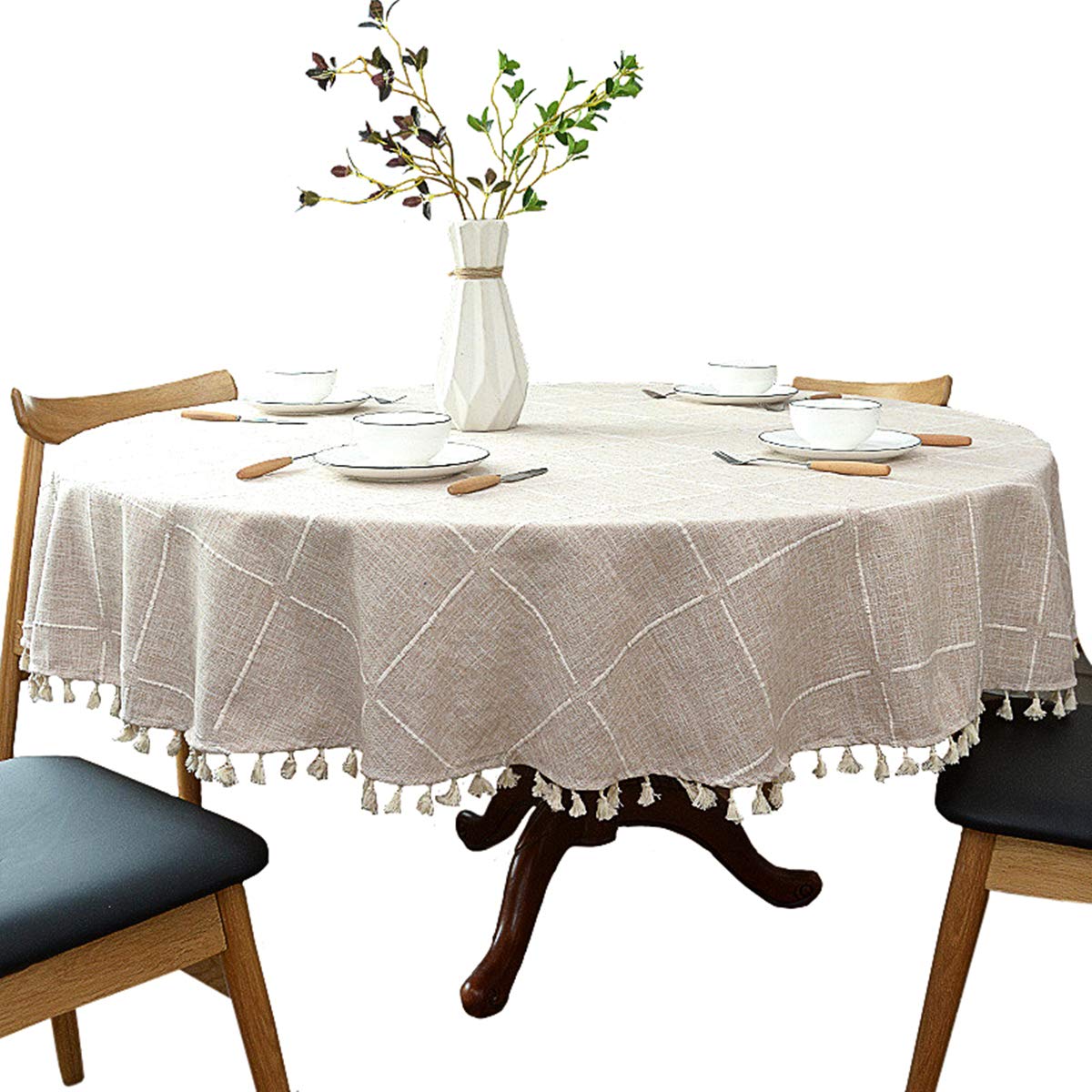 Heavy Weight Cotton Linen Tablecloth, Plaid Tassel Round Table Cover For Kitchen Dining Small Table 24''-40'' (2 Seats), Round -