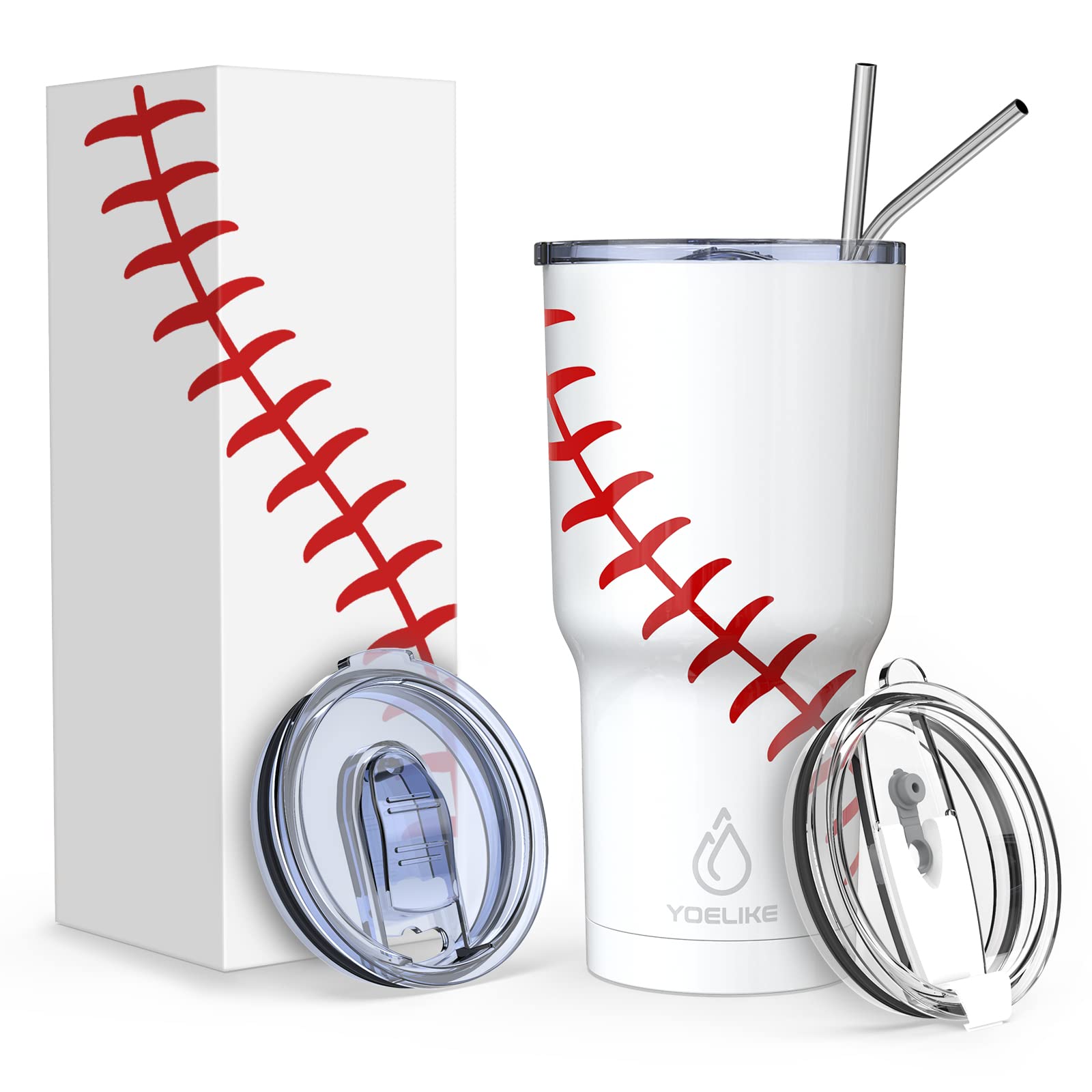 Yoelike Baseball Tumbler 30 Oz Stainless Steel Double Wall Vacuum Insulated Cup With Straws, Splash Proof Lids, Straw Clean Brus