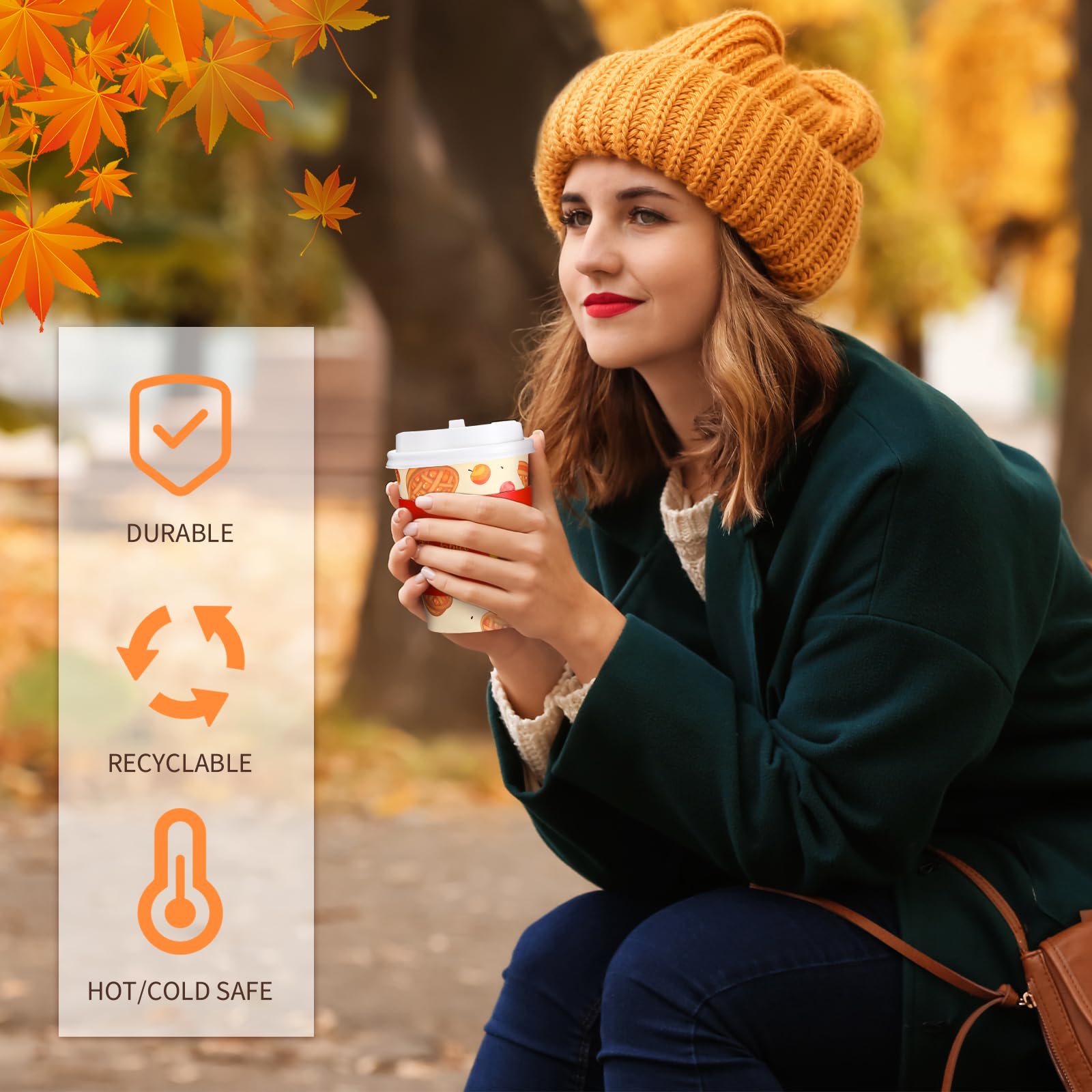 Lallisa 100 Pack 12 oz Thanksgiving Paper Coffee Cups with Lids and Sleeves Fall Disposable Coffee Cups Bulk for Autumn Thanksgi