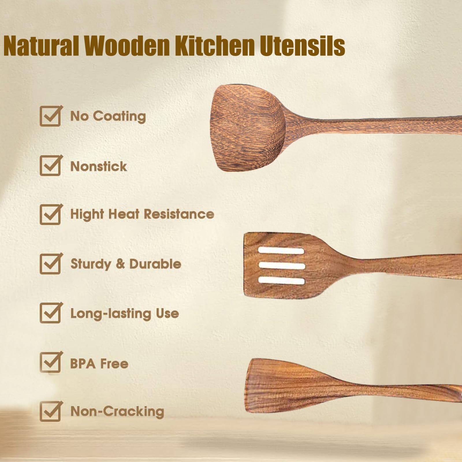 Wood Kitchen Utensils Wooden Spatulas Turner Non-Stick Wood Utensil Set For Kitchen, Teak Wooden Spoon For Cooking, Wooden Cooki