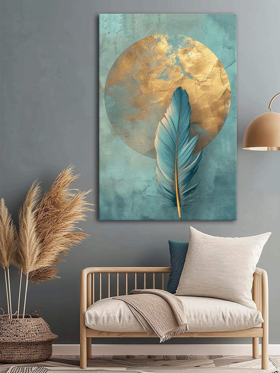 999Store Feather Canvas Painting With Gold And Turquoise Accents - Modern Wall Art For Elegant Interiors(24X36 Inch_ Canvas) Flp