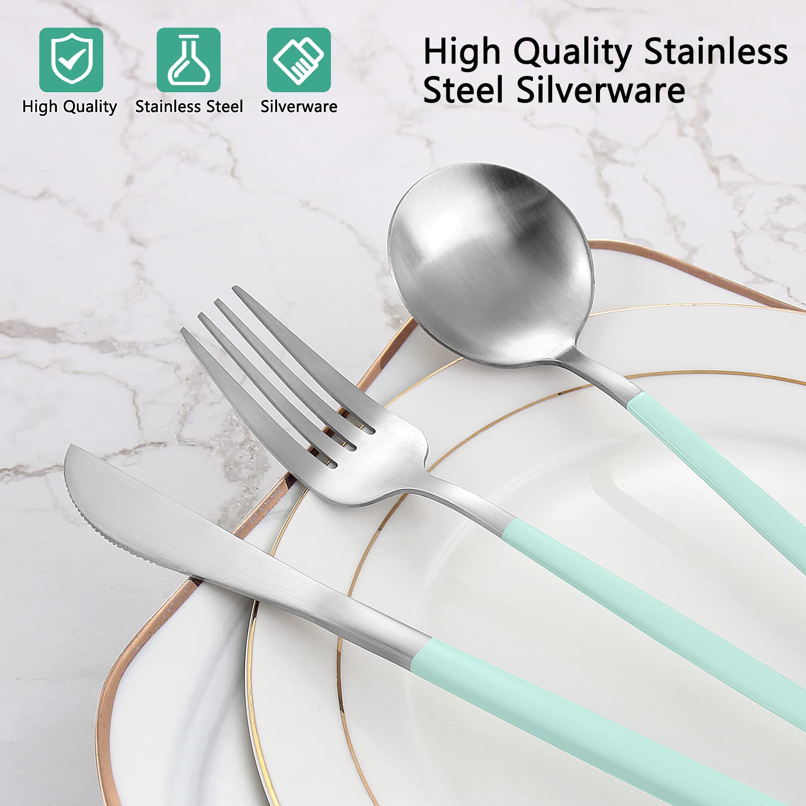 VANVRO Matte Green Silver Silverware Set  20-Piece Stainless Steel Flatware Set  Satin Finish tableware Cutlery Set  Service for 4  Home and Restaurant  Dishwasher Safe