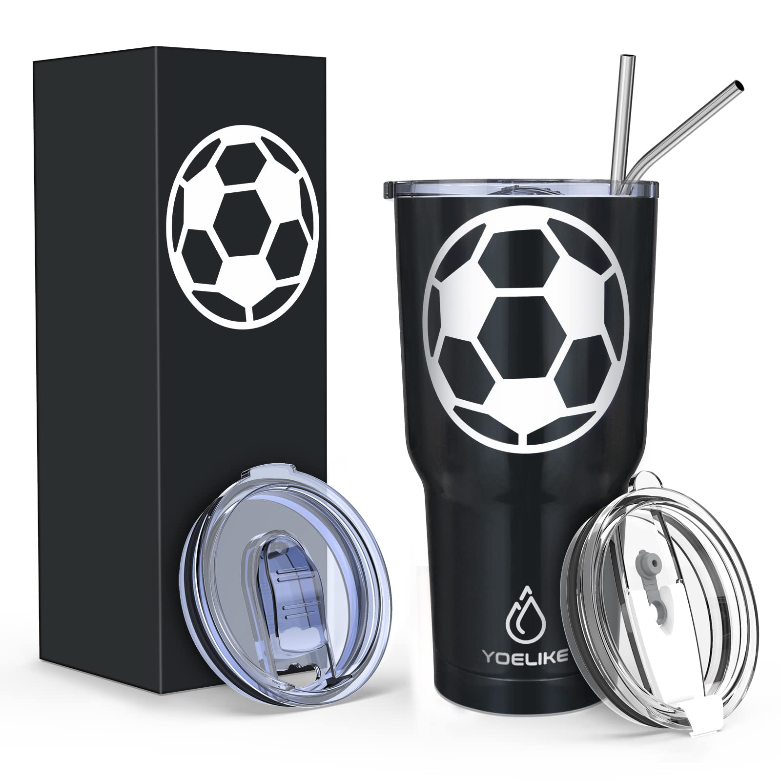 Yoelike Soccer 30 Oz Tumbler With Lid And Straw, Stainless Steel, Vacuum Insulated Iced Coffee Tumbler Cup, Leak-Proof Travel Mu